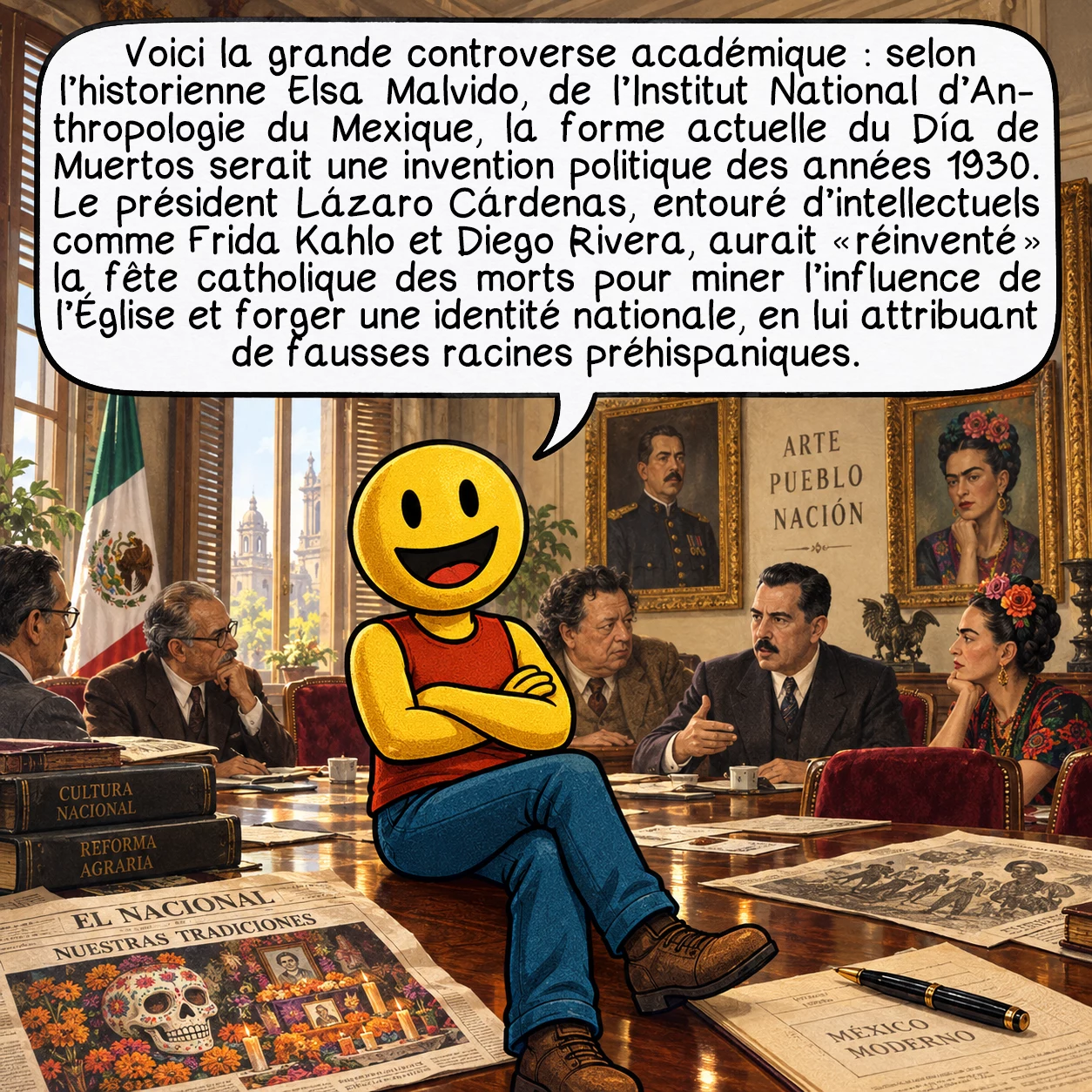 Le Jour des morts, case 5 : Voici la grande controverse académique : selon l’historienne Elsa Malvido, de l’Institut National d’Anthropologie du Mexique, la forme actuelle du Día de Muertos serait une invention politique des années 1930. Le président Lázaro Cárdenas, entouré d’intellectuels comme Frida Kahlo et Diego Rivera, aurait « réinventé » la fête catholique des morts pour miner l’influence de l’Église et forger une identité nationale, en lui attribuant de fausses racines préhispaniques.