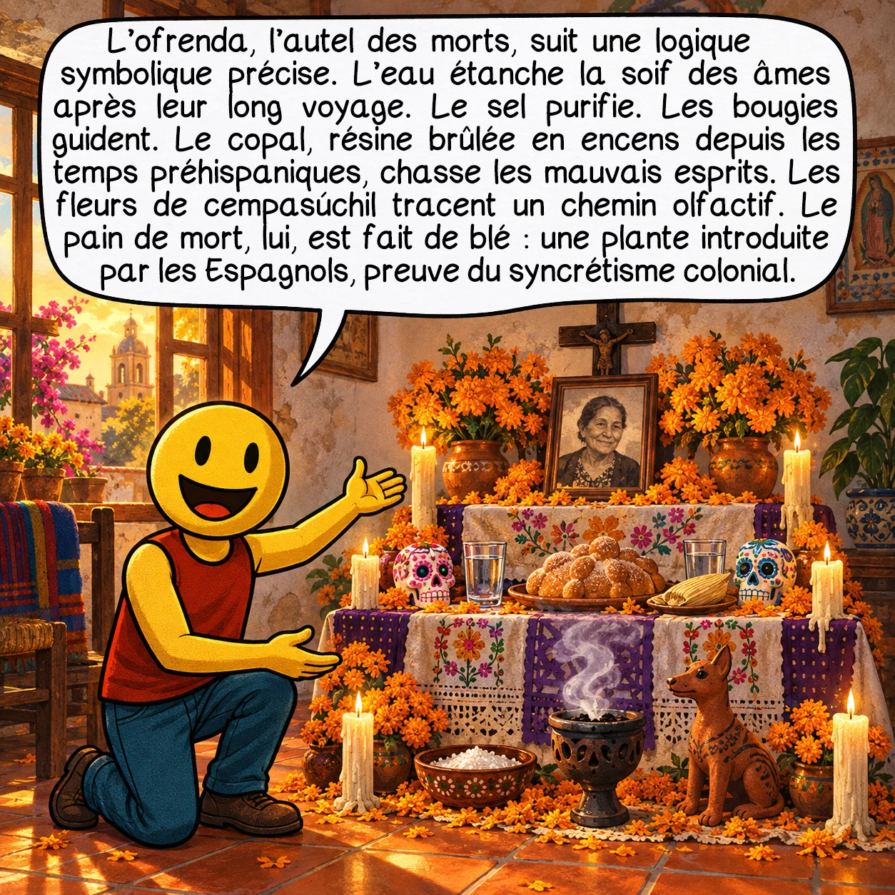 Le Jour des morts, case 6 : L’ofrenda, l’autel des morts, suit une logique symbolique précise. L’eau étanche la soif des âmes après leur long voyage. Le sel purifie. Les bougies guident. Le copal, résine brûlée en encens depuis les temps préhispaniques, chasse les mauvais esprits. Les fleurs de cempasúchil tracent un chemin olfactif. Le pain de mort, lui, est fait de blé : une plante introduite par les Espagnols, preuve du syncrétisme colonial.