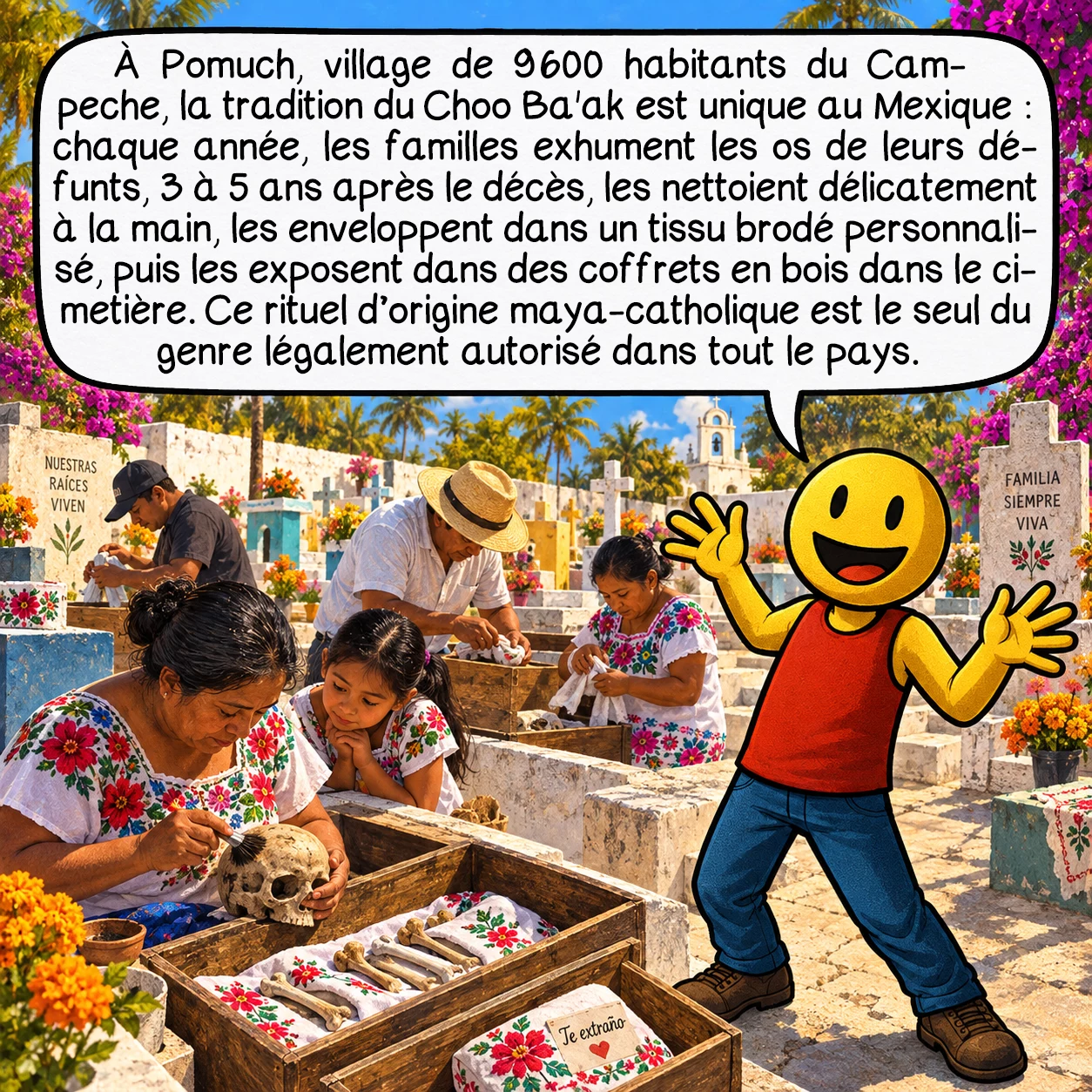 Le Jour des morts, case 7 : À Pomuch, village de 9 600 habitants du Campeche, la tradition du Choo Ba'ak est unique au Mexique : chaque année, les familles exhument les os de leurs défunts, 3 à 5 ans après le décès, les nettoient délicatement à la main, les enveloppent dans un tissu brodé personnalisé, puis les exposent dans des coffrets en bois dans le cimetière. Ce rituel d’origine maya-catholique est le seul du genre légalement autorisé dans tout le pays.