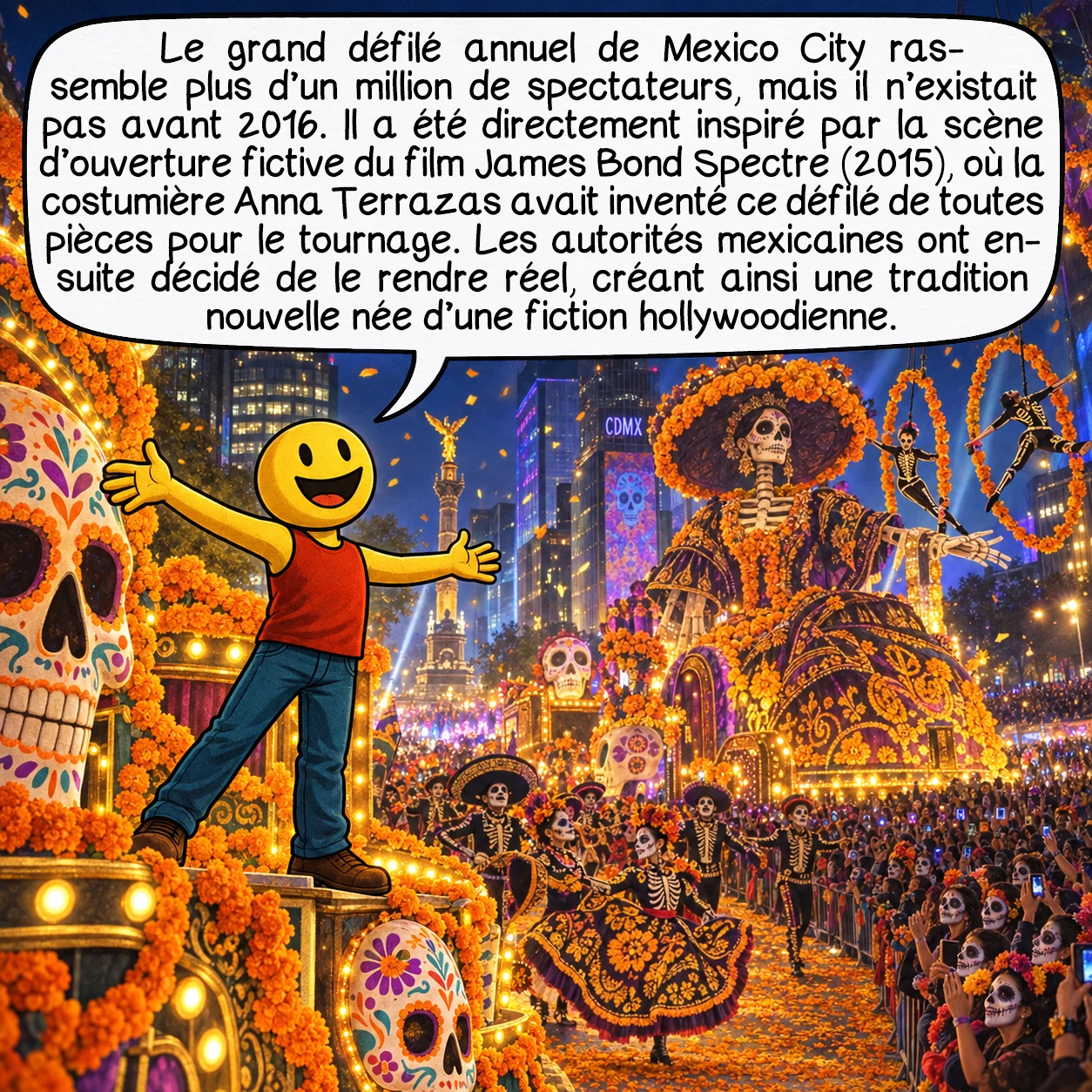 Le Jour des morts, case 8 : Le grand défilé annuel de Mexico City rassemble plus d’un million de spectateurs, mais il n’existait pas avant 2016. Il a été directement inspiré par la scène d’ouverture fictive du film James Bond Spectre (2015), où la costumière Anna Terrazas avait inventé ce défilé de toutes pièces pour le tournage. Les autorités mexicaines ont ensuite décidé de le rendre réel, créant ainsi une tradition nouvelle née d’une fiction hollywoodienne.