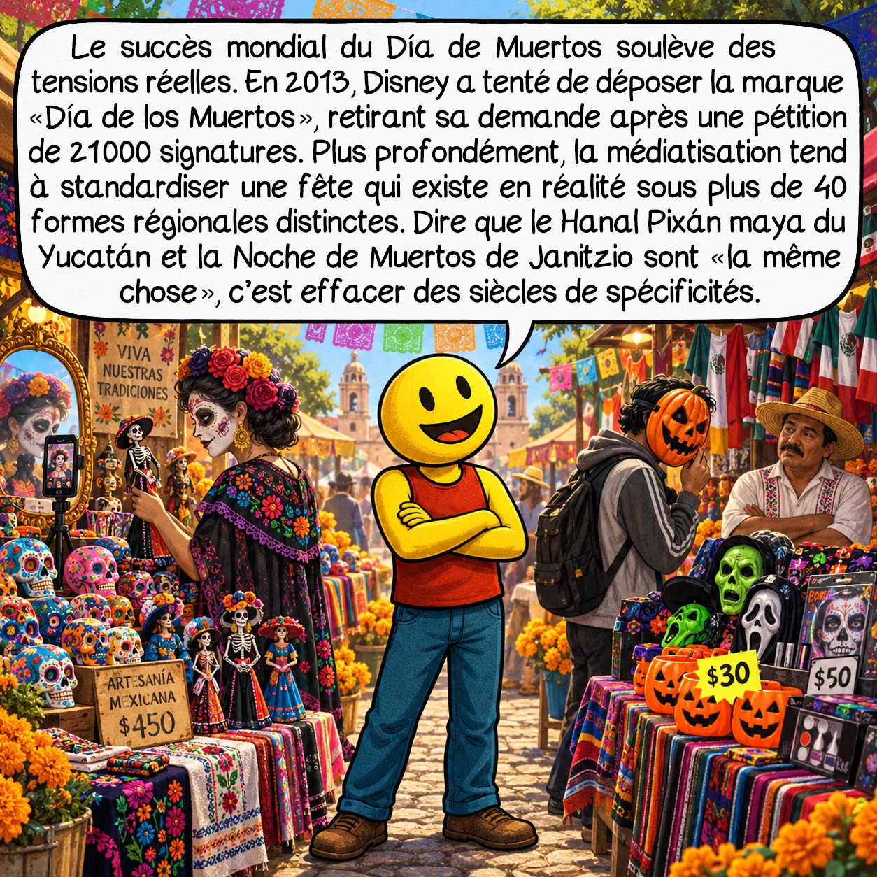Le Jour des morts, case 9 : Le succès mondial du Día de Muertos soulève des tensions réelles. En 2013, Disney a tenté de déposer la marque « Día de los Muertos », retirant sa demande après une pétition de 21 000 signatures. Plus profondément, la médiatisation tend à standardiser une fête qui existe en réalité sous plus de 40 formes régionales distinctes. Dire que le Hanal Pixán maya du Yucatán et la Noche de Muertos de Janitzio sont « la même chose », c’est effacer des siècles de spécificités.