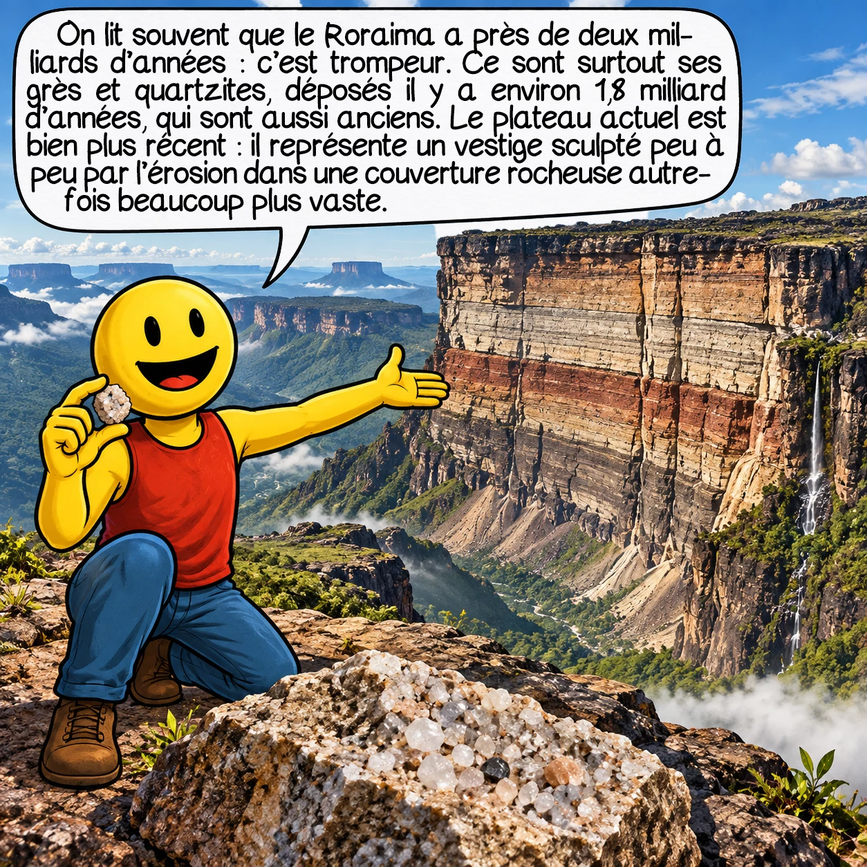 Le mont Roraima, case 2 : On lit souvent que le Roraima a près de deux milliards d’années : c’est trompeur. Ce sont surtout ses grès et quartzites, déposés il y a environ 1,8 milliard d’années, qui sont aussi anciens. Le plateau actuel est bien plus récent : il représente un vestige sculpté peu à peu par l’érosion dans une couverture rocheuse autrefois beaucoup plus vaste.