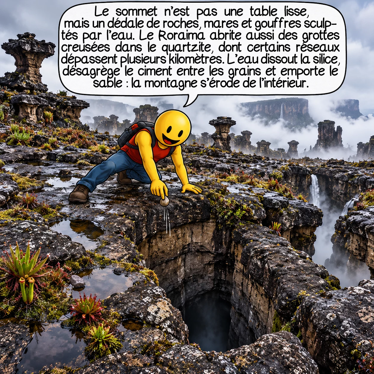 Le mont Roraima, case 3 : Le sommet n’est pas une table lisse : c’est un dédale de roches, de mares, de gouffres et de formes sculptées par l’eau. Plus étonnant encore, le Roraima possède de véritables grottes creusées dans le quartzite, dont certains réseaux dépassent plusieurs kilomètres. L’eau dissout lentement la silice, désagrège le ciment entre les grains, puis emporte le sable : la montagne s’érode aussi de l’intérieur.