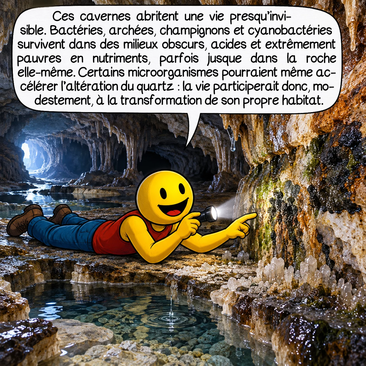 Le mont Roraima, case 4 : Ces cavernes abritent une vie presque invisible. Bactéries, archées, champignons et cyanobactéries survivent dans des milieux obscurs, acides et extrêmement pauvres en nutriments, parfois jusque dans la roche elle-même. Certains microorganismes pourraient même accélérer l’altération du quartz : la vie participerait donc, modestement, à la transformation de son propre habitat.