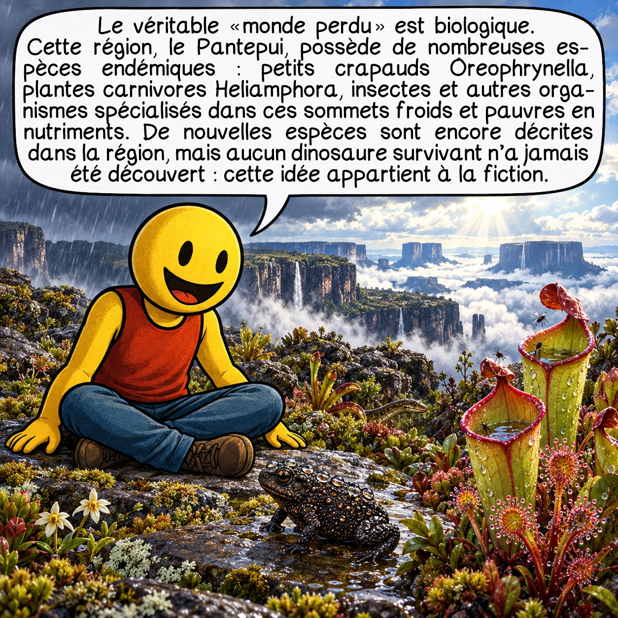 Le mont Roraima, case 5 : Le véritable « monde perdu » est biologique. Le Pantepui possède de nombreuses espèces endémiques : petits crapauds Oreophrynella, plantes carnivores Heliamphora, insectes et autres organismes spécialisés dans ces sommets froids et pauvres en nutriments. De nouvelles espèces sont encore décrites dans la région, mais aucun dinosaure survivant n’a jamais été découvert : cette idée appartient à la fiction.