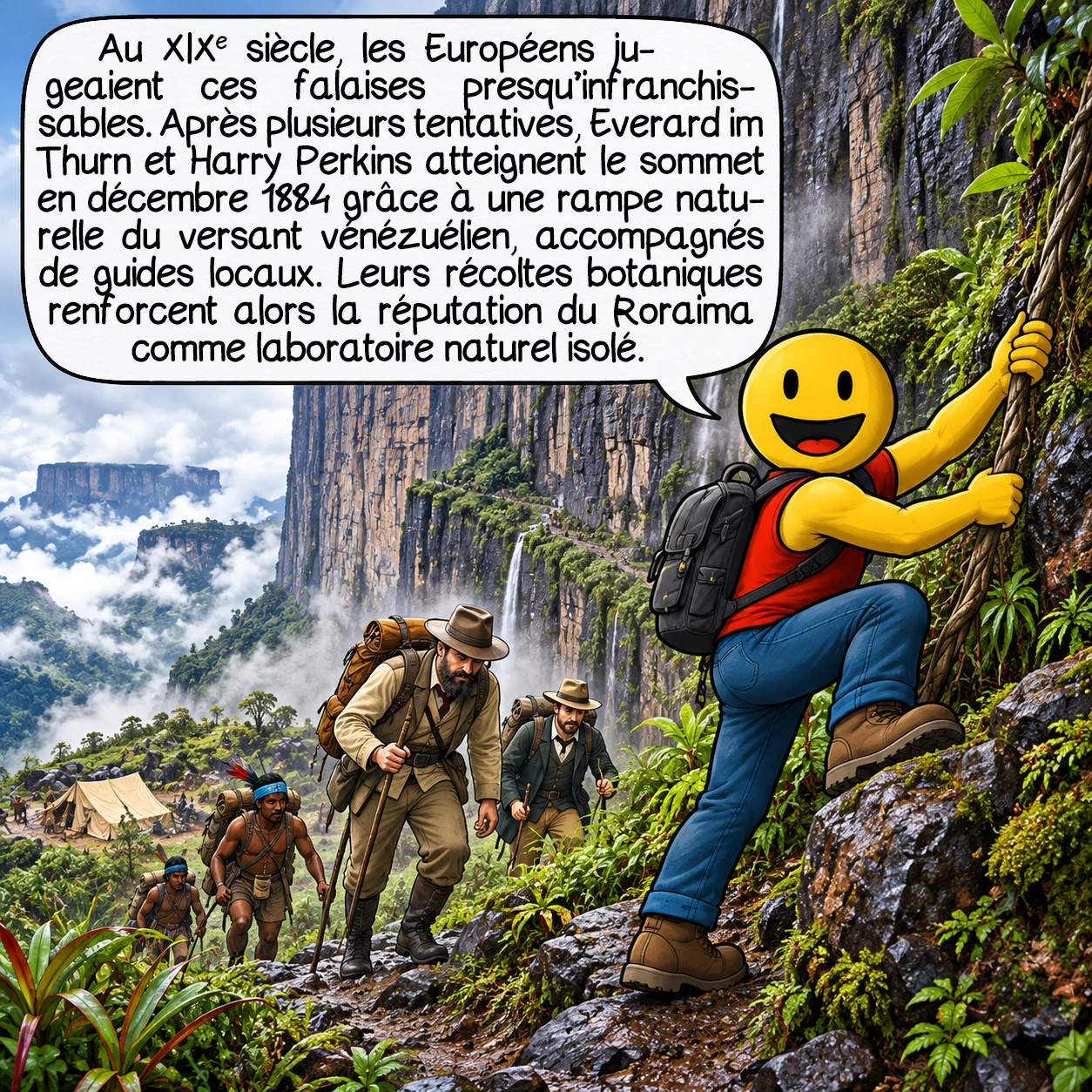 Le mont Roraima, case 6 : Au XIXe siècle, les Européens jugeaient ces falaises presque infranchissables. Après plusieurs tentatives, Everard im Thurn et Harry Perkins atteignent le sommet en décembre 1884 grâce à une rampe naturelle du versant vénézuélien, accompagnés de guides locaux. Leurs récoltes botaniques renforcent alors la réputation du Roraima comme laboratoire naturel isolé.