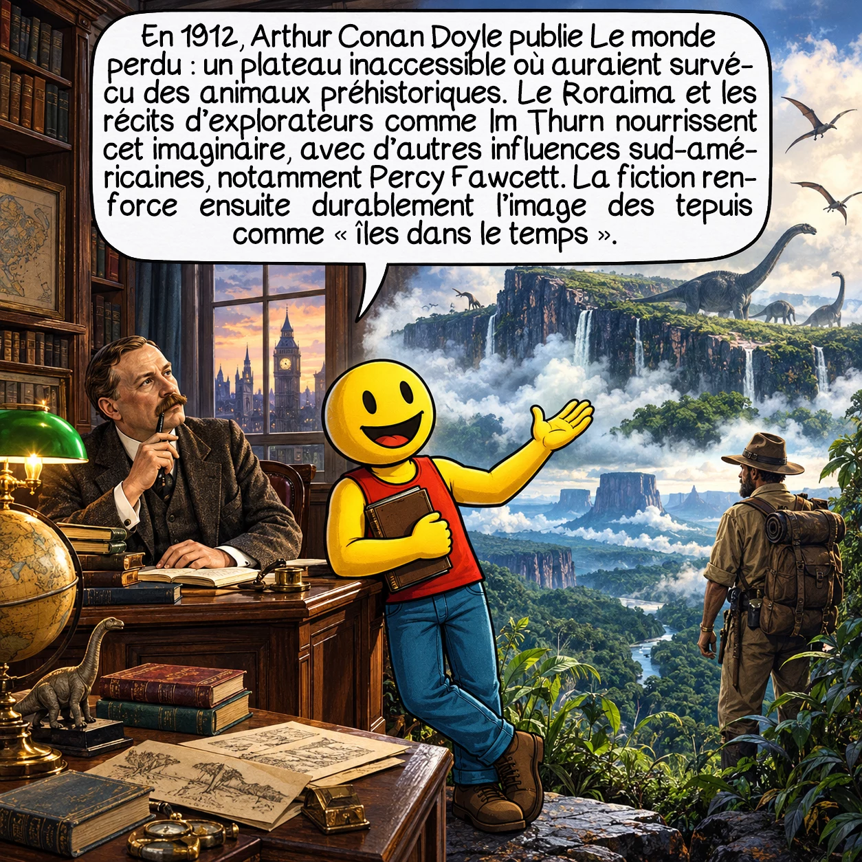 Le mont Roraima, case 7 : En 1912, Arthur Conan Doyle publie Le Monde perdu : un plateau inaccessible où auraient survécu des animaux préhistoriques. Le Roraima et les récits d’explorateurs comme im Thurn ont nourri cet imaginaire, mais le roman mêle plusieurs influences sud-américaines, notamment les récits de Percy Fawcett. La fiction a ensuite renforcé durablement l’image scientifique et populaire des tepuis comme « îles dans le temps ».