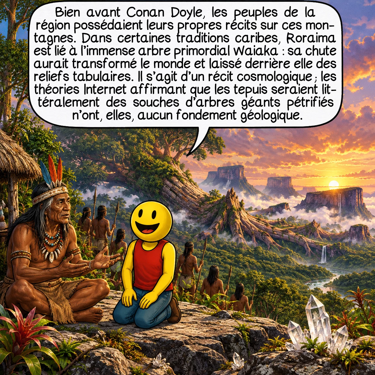 Le mont Roraima, case 8 : Bien avant Conan Doyle, les peuples de la région possédaient leurs propres récits sur ces montagnes. Dans certaines traditions caribes, Roraima est lié à l’immense arbre primordial Waiaka : sa chute aurait transformé le monde et laissé derrière elle des reliefs tabulaires. Il s’agit d’un récit cosmologique ; les théories Internet affirmant que les tepuis seraient littéralement des souches d’arbres géants pétrifiés n’ont, elles, aucun fondement géologique.