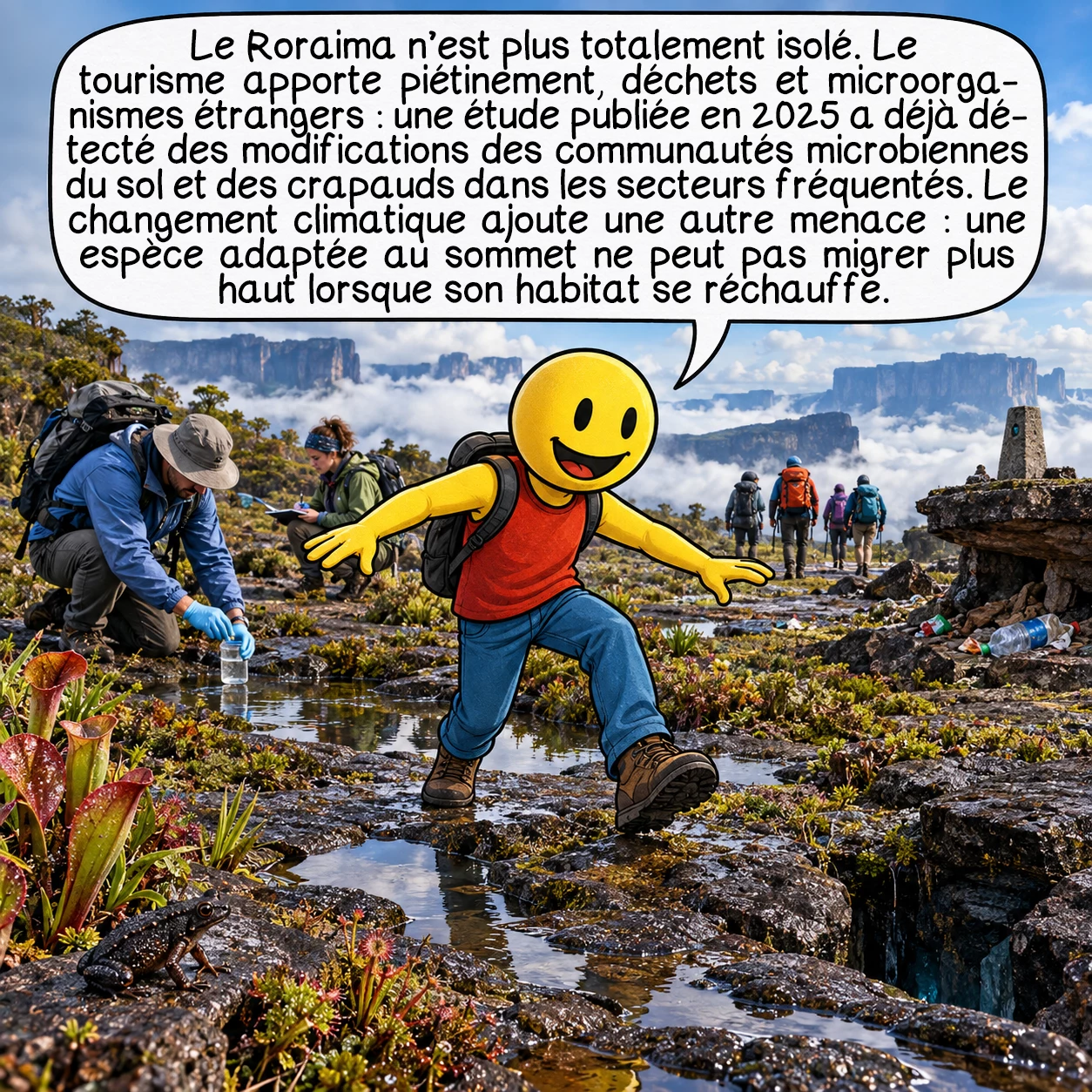 Le mont Roraima, case 9 : Le Roraima n’est plus totalement isolé. Le tourisme apporte piétinement, déchets et microorganismes étrangers : une étude publiée en 2025 a déjà détecté des modifications des communautés microbiennes du sol et des crapauds dans les secteurs fréquentés. Le changement climatique ajoute une autre menace : une espèce adaptée au sommet ne peut pas migrer plus haut lorsque son habitat se réchauffe.