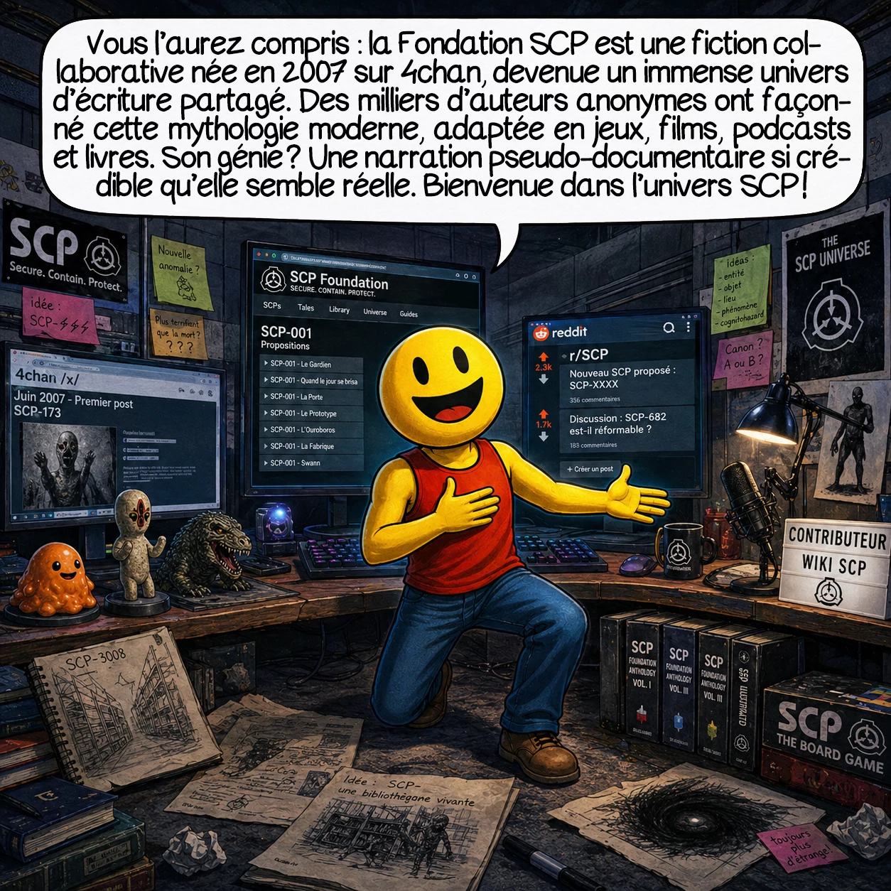 La fondation SCP, case 10 : Vous l’aurez compris : la Fondation SCP est une fiction collaborative née en juin 2007 sur 4chan, devenue le plus vaste univers d’écriture partagée d’Internet. Des milliers d’auteurs anonymes ont créé cette mythologie moderne traduite en 15 langues, inspirant jeux vidéo, films, podcasts, publications. Le génie ? Cette narration pseudo-documentaire vous a captivé pendant neuf cases. La meilleure fiction est celle si bien construite qu’elle pourrait être vraie. Bienvenue dans la communauté SCP !