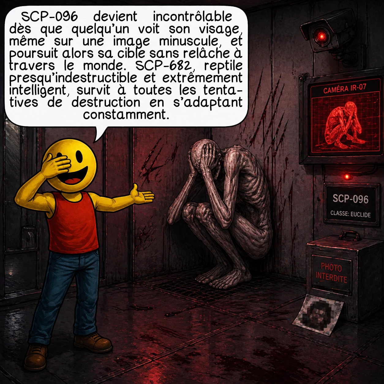 La fondation SCP, case 3 : SCP-096 entre dans une rage incontrôlable si quiconque voit son visage, même sur une photo pixélisée de quatre pixels. Une fois déclenché, rien ne peut l’arrêter : il traverse continents et océans pour éliminer le témoin. SCP-682, un reptile quasi indestructible doté d’une intelligence supérieure et d’une haine absolue de toute vie, a survécu à des centaines de tentatives de neutralisation, s’adaptant à chaque méthode employée contre lui.