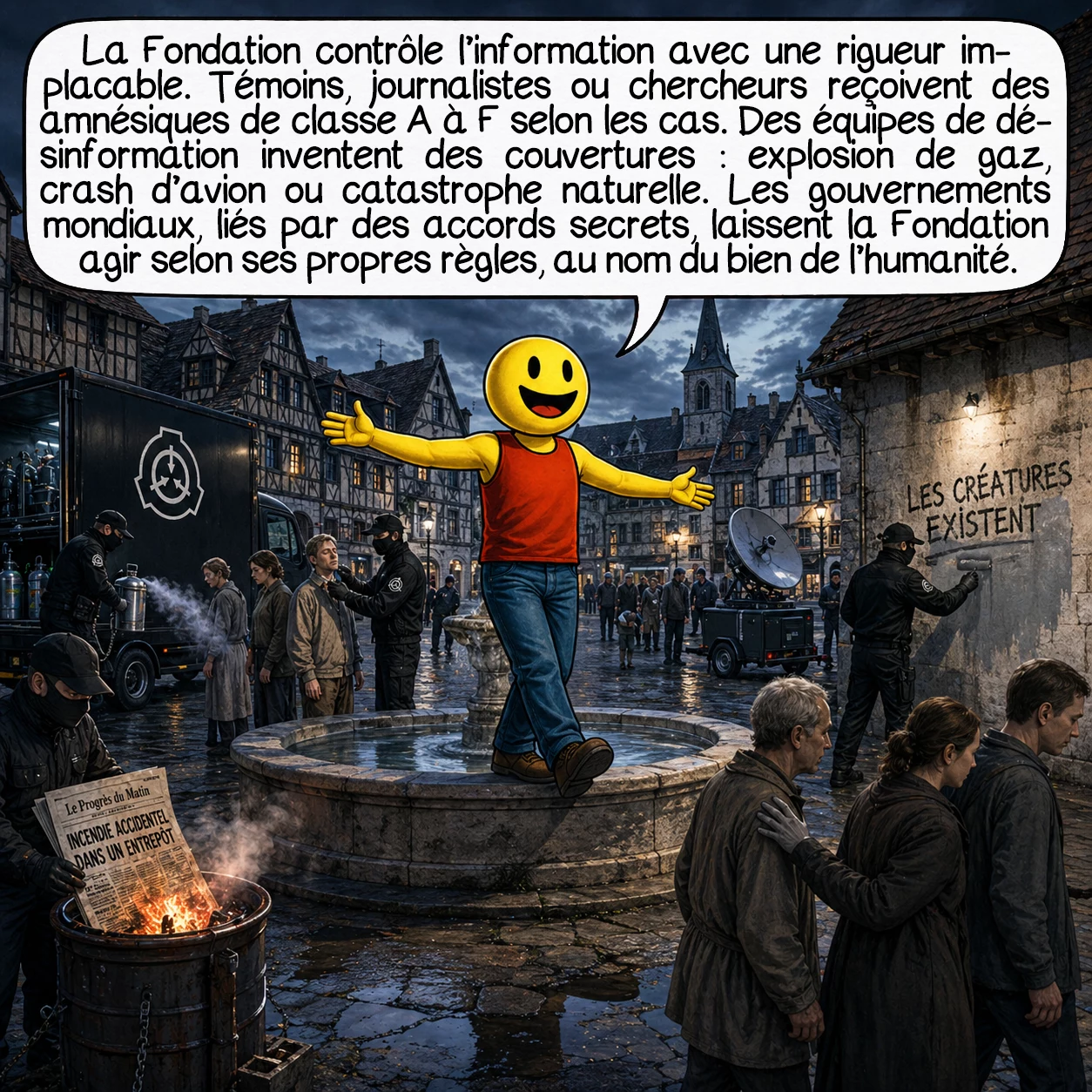 La fondation SCP, case 5 : La Fondation contrôle l’information avec une rigueur implacable. Témoins civils, journalistes curieux, chercheurs imprudents reçoivent des amnésiques de classe A à F selon la gravité. Des équipes de désinformation fabriquent des couvertures : explosion de gaz, crash d’avion, catastrophe naturelle. Les gouvernements mondiaux, liés par des accords secrets, laissent la Fondation agir en toute autonomie. Elle obéit à ses propres règles, prétendument pour le bien de l’humanité.