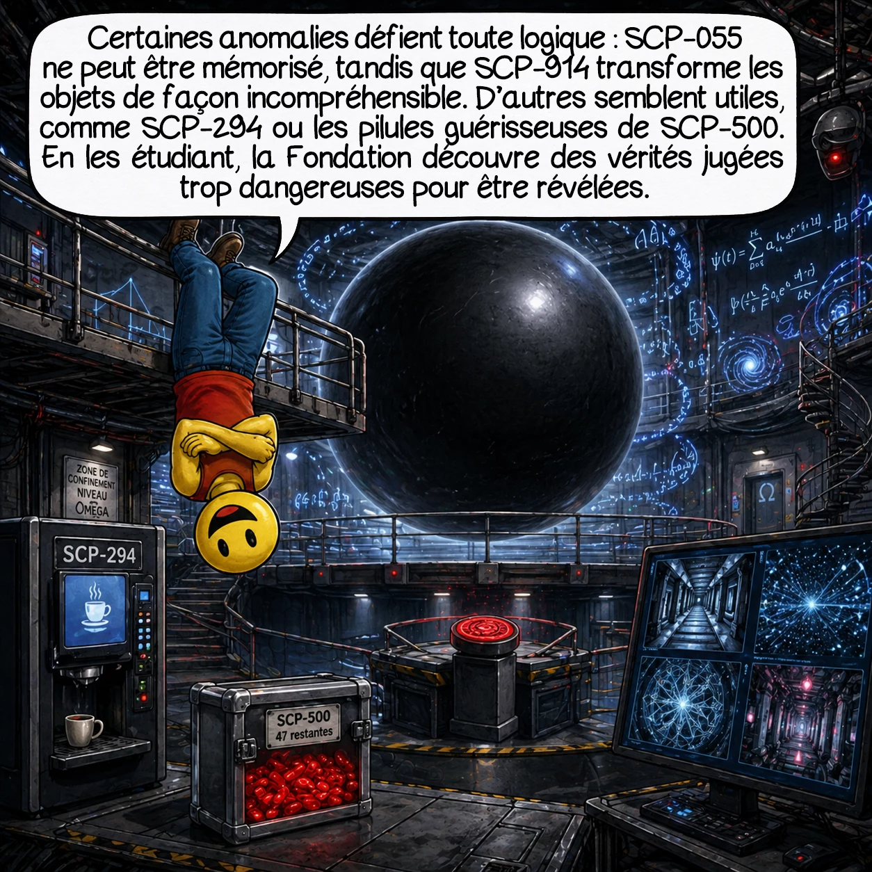La fondation SCP, case 6 : Certaines anomalies défient la physique : SCP-055 dont personne ne peut se souvenir, SCP-914 qui raffine les objets selon une logique incompréhensible. D’autres sont utiles : SCP-294 sert n’importe quel liquide conceptuel, même abstrait comme « une tasse de victoire ». SCP-500 contient des pilules guérissant toute maladie, mais seulement 47 restent. Les recherches de la Fondation repoussent les limites de la science connue, découvrant des vérités trop dangereuses pour être révélées.