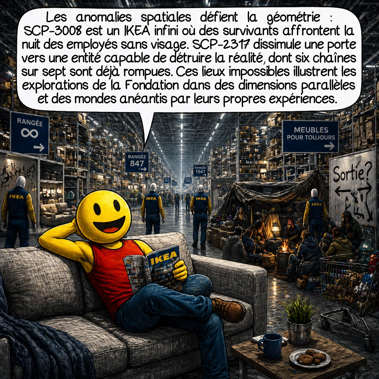 La fondation SCP, case 7 : Les anomalies spatiales brisent la géométrie : SCP-3008 est un IKEA infini où des clients perdus survivent depuis des années, affrontant la nuit des employés hostiles sans visage. SCP-2317 cache une porte vers une entité capable de détruire la réalité — six de ses sept chaînes sont déjà brisées. Ces lieux impossibles révèlent l’exploration de la Fondation : équipes perdues dans des dimensions parallèles, civilisations détruites par leurs propres expériences divines.