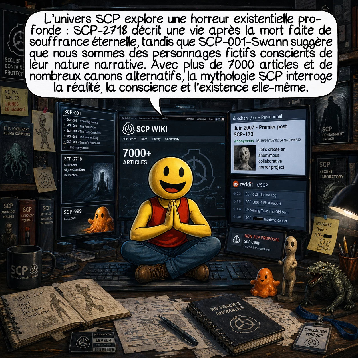 La fondation SCP, case 9 : L’univers SCP explore l’horreur existentielle ultime : SCP-2718 révèle une vie après la mort de souffrance éternelle, information plus dangereuse que toute anomalie. La théorie de SCP-001-Swann suggère que nous sommes des personnages fictifs conscients de leur nature narrative. Avec plus de 7000 articles, des dizaines de canons alternatifs, des niveaux de classification jusqu’à Apollyon, la mythologie SCP questionne la nature même de la réalité, de la conscience et de l’existence.