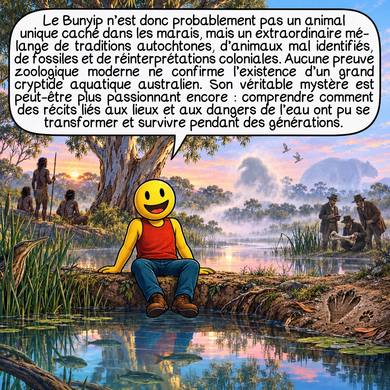 Le Bunyip, case 10 : Le Bunyip n’est donc probablement pas un animal unique caché dans les marais, mais un extraordinaire mélange de traditions autochtones, d’animaux mal identifiés, de fossiles et de réinterprétations coloniales. Aucune preuve zoologique moderne ne confirme l’existence d’un grand cryptide aquatique australien. Son véritable mystère est peut-être plus passionnant encore : comprendre comment des récits liés aux lieux et aux dangers de l’eau ont pu se transformer et survivre pendant des générations.