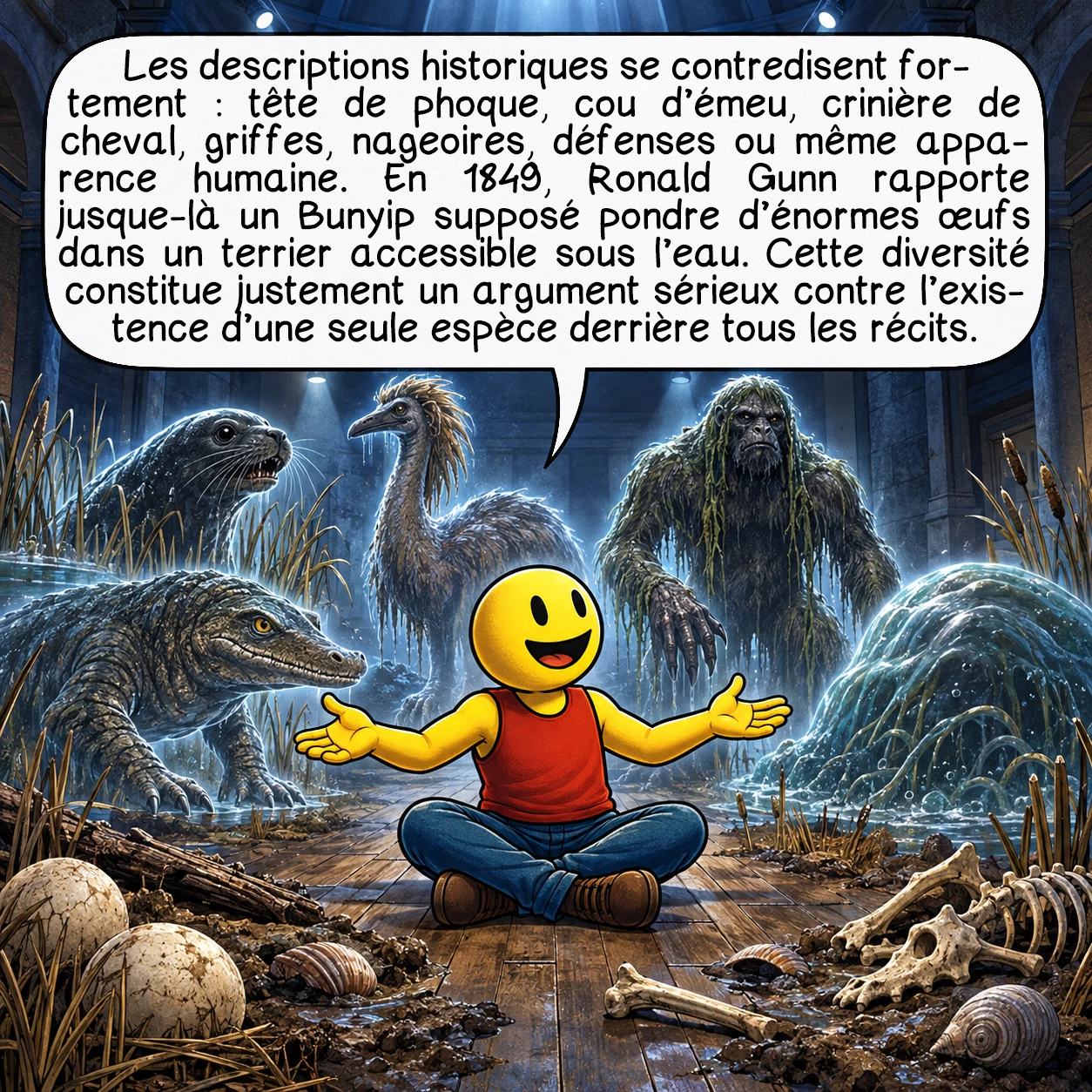Le Bunyip, case 3 : Les descriptions historiques se contredisent fortement : tête de phoque, cou d’émeu, crinière de cheval, griffes, nageoires, défenses ou même apparence humaine. En 1849, Ronald Gunn rapporte jusque-là un Bunyip supposé pondre d’énormes œufs dans un terrier accessible sous l’eau. Cette diversité constitue justement un argument sérieux contre l’existence d’une seule espèce derrière tous les récits.