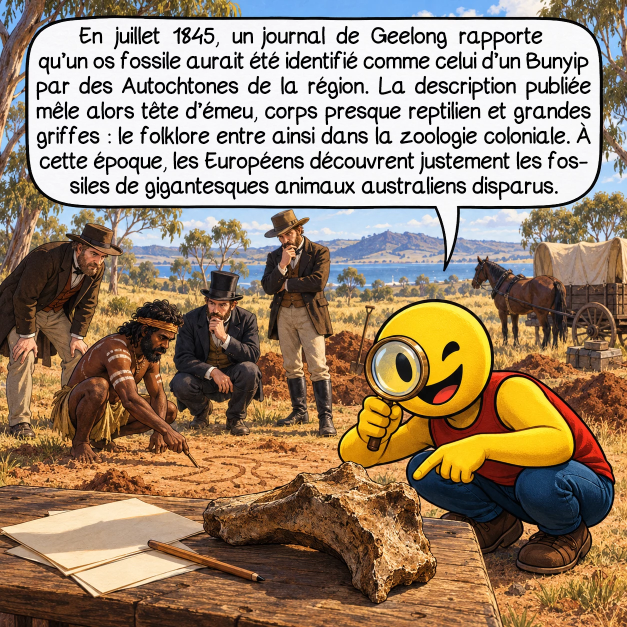 Le Bunyip, case 4 : En juillet 1845, un journal de Geelong rapporte qu’un os fossile aurait été identifié comme celui d’un Bunyip par des Autochtones de la région. La description publiée mêle alors tête d’émeu, corps presque reptilien et grandes griffes : le folklore entre ainsi dans la zoologie coloniale. À cette époque, les Européens découvrent justement les fossiles de gigantesques animaux australiens disparus.