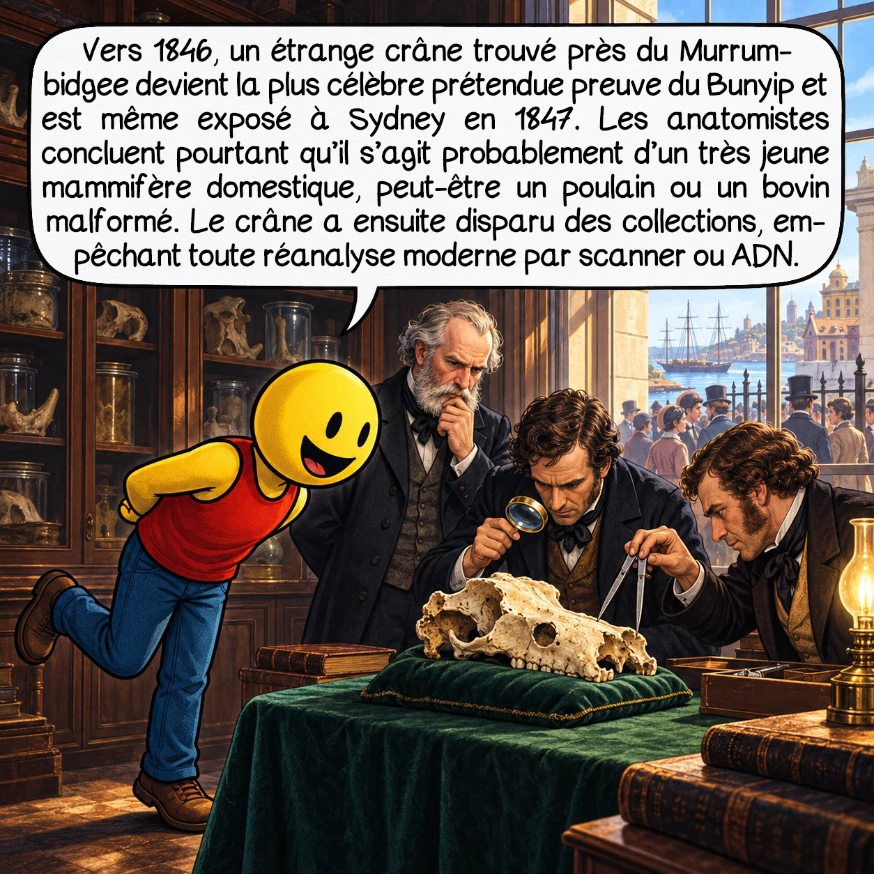 Le Bunyip, case 5 : Vers 1846, un étrange crâne trouvé près du Murrumbidgee devient la plus célèbre prétendue preuve du Bunyip et est même exposé à Sydney en 1847. Les anatomistes concluent pourtant qu’il s’agit probablement d’un très jeune mammifère domestique, peut-être un poulain ou un bovin malformé. Le crâne a ensuite disparu des collections, empêchant toute réanalyse moderne par scanner ou ADN.