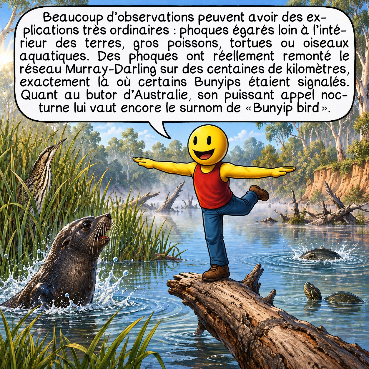 Le Bunyip, case 6 : Beaucoup d’observations peuvent avoir des explications très ordinaires : phoques égarés loin à l’intérieur des terres, gros poissons, tortues ou oiseaux aquatiques. Des phoques ont réellement remonté le réseau Murray-Darling sur des centaines de kilomètres, exactement là où certains Bunyips étaient signalés. Quant au butor d’Australie, son puissant appel nocturne lui vaut encore le surnom de « Bunyip bird ».