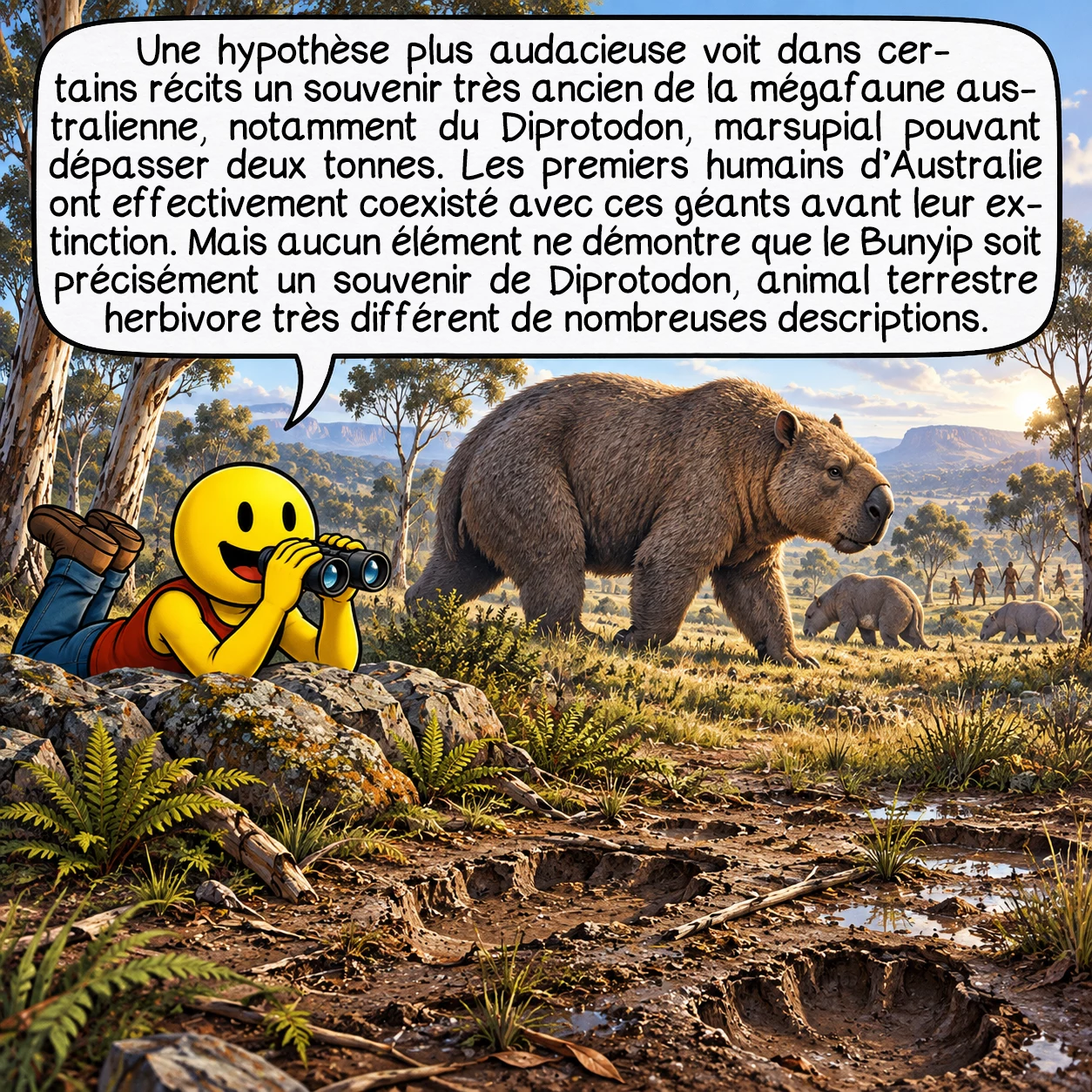 Le Bunyip, case 7 : Une hypothèse plus audacieuse voit dans certains récits un souvenir très ancien de la mégafaune australienne, notamment du Diprotodon, marsupial pouvant dépasser deux tonnes. Les premiers humains d’Australie ont effectivement coexisté avec ces géants avant leur extinction. Mais aucun élément ne démontre que le Bunyip soit précisément un souvenir de Diprotodon, animal terrestre herbivore très différent de nombreuses descriptions.