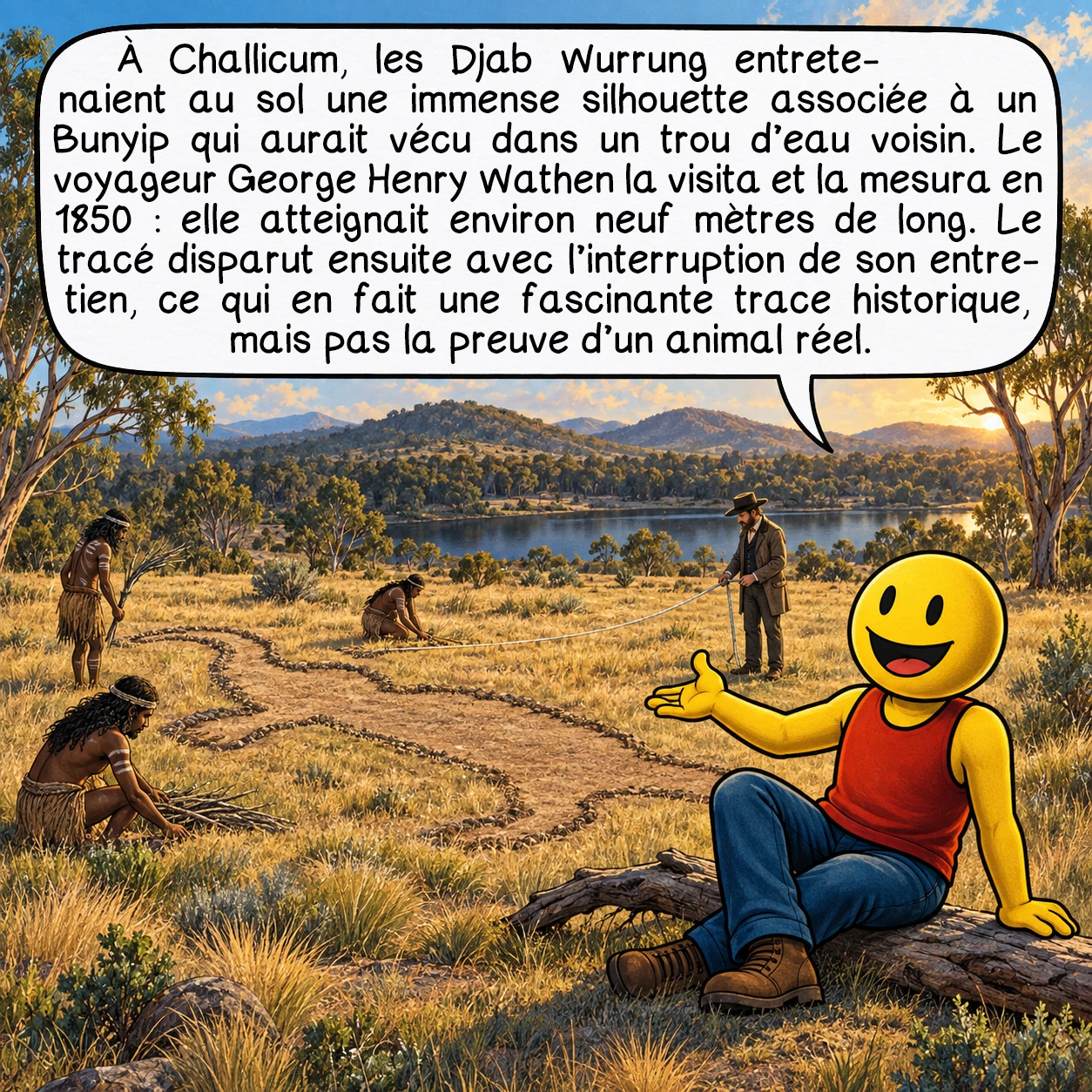 Le Bunyip, case 8 : À Challicum, les Djab Wurrung entretenaient au sol une immense silhouette associée à un Bunyip qui aurait vécu dans un trou d’eau voisin. Le voyageur George Henry Wathen la visita et la mesura en 1850 : elle atteignait environ neuf mètres de long. Le tracé disparut ensuite avec l’interruption de son entretien, ce qui en fait une fascinante trace historique, mais pas la preuve d’un animal réel.