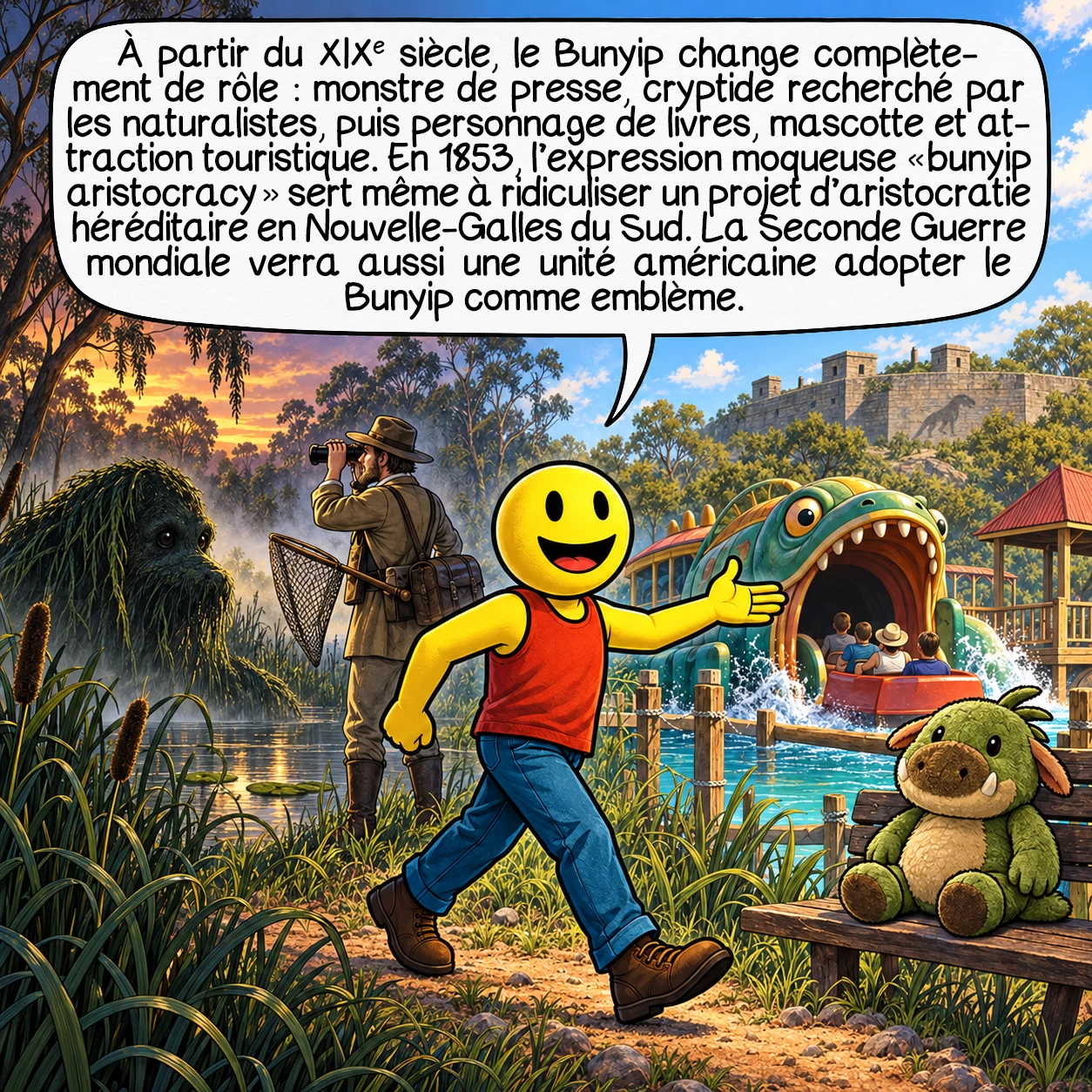 Le Bunyip, case 9 : À partir du XIXᵉ siècle, le Bunyip change complètement de rôle : monstre de presse, cryptide recherché par les naturalistes, puis personnage de livres, mascotte et attraction touristique. En 1853, l’expression moqueuse « bunyip aristocracy » sert même à ridiculiser un projet d’aristocratie héréditaire en Nouvelle-Galles du Sud. La Seconde Guerre mondiale verra aussi une unité américaine adopter le Bunyip comme emblème.