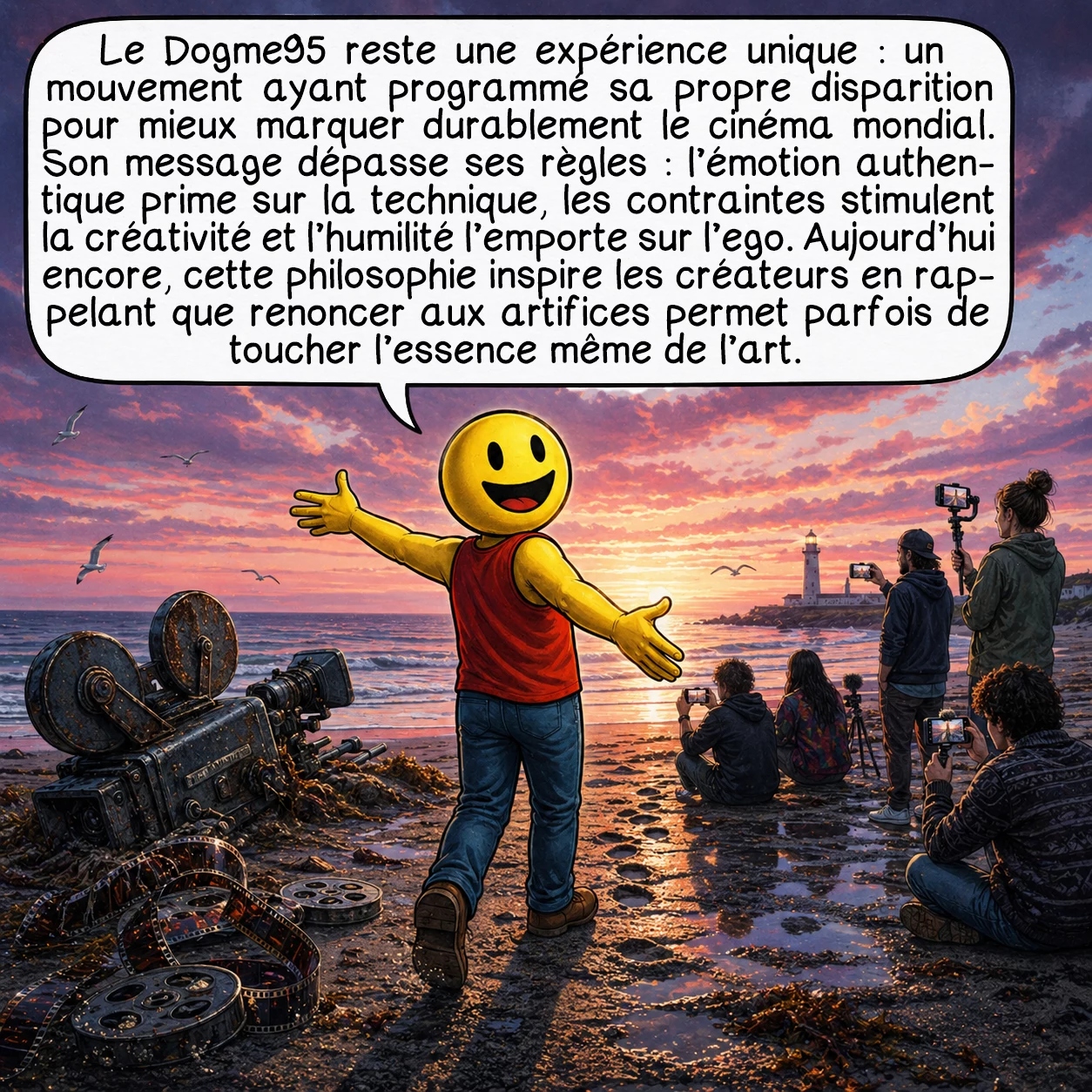 Dogme95, case 10 : Le Dogme95 reste une expérience unique : un mouvement qui a programmé sa propre mort pour mieux renaître dans l’ADN du cinéma mondial. Son message transcende les règles : l’émotion authentique surpasse la technique, les contraintes libèrent la créativité, l’humilité triomphe de l’ego. Aujourd’hui, chaque créateur peut appliquer cette philosophie avec les outils de son époque. Le Dogme95 nous a appris que, parfois, c’est en renonçant aux artifices qu’on touche l’essence de l’art. Cette leçon continue d’inspirer ceux qui cherchent la vérité derrière l’illusion cinématographique.