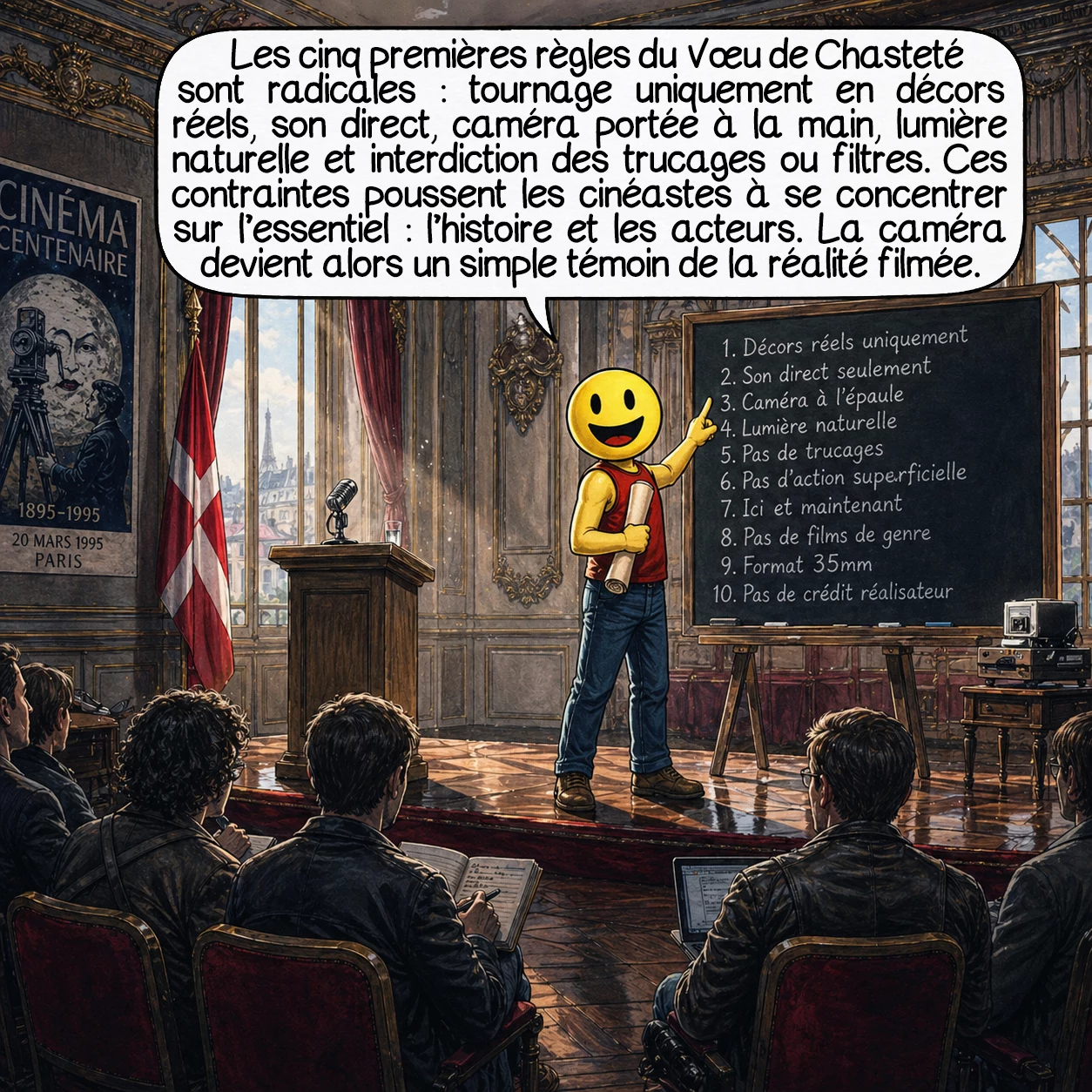 Dogme95, case 3 : Les cinq premières règles du Vœu de Chasteté sont radicales : tournage exclusivement en décors réels sans accessoires importés, son direct uniquement capté pendant l’action, caméra obligatoirement portée à la main pour plus d’authenticité, lumière naturelle sans éclairage artificiel ajouté, interdiction totale des trucages optiques et filtres. Ces contraintes techniques forcent les cinéastes à se concentrer sur l’essentiel : l’histoire et les acteurs. La caméra devient témoin, non-manipulatrice de la réalité filmée.