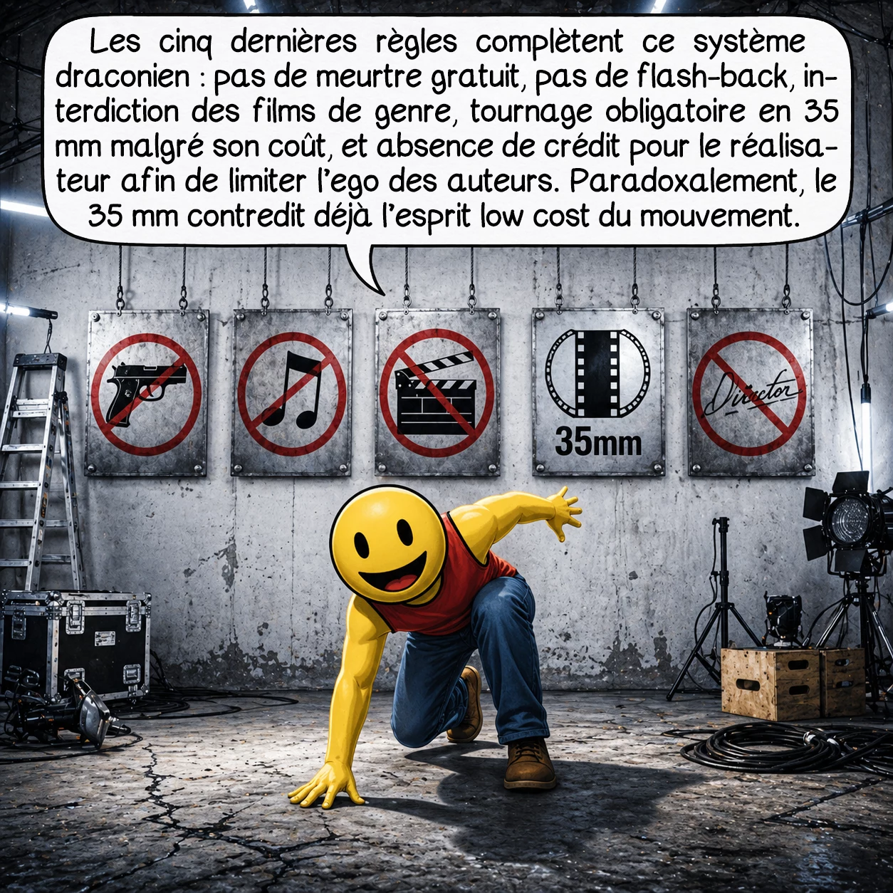 Dogme95, case 4 : Les cinq dernières règles complètent ce système draconien : aucune action superficielle type meurtre gratuit n’est tolérée, l’histoire doit impérativement se dérouler ici et maintenant sans flash-back, interdiction absolue des films de genre comme horreur ou science-fiction, format 35 mm obligatoire malgré son coût, et surtout, le réalisateur ne doit jamais être crédité ! Cette dernière règle vise l’ego des cinéastes auteurs. Paradoxalement, le 35 mm imposé contredit l’esprit low cost du mouvement, première contradiction interne qui annonce les futures transgressions.