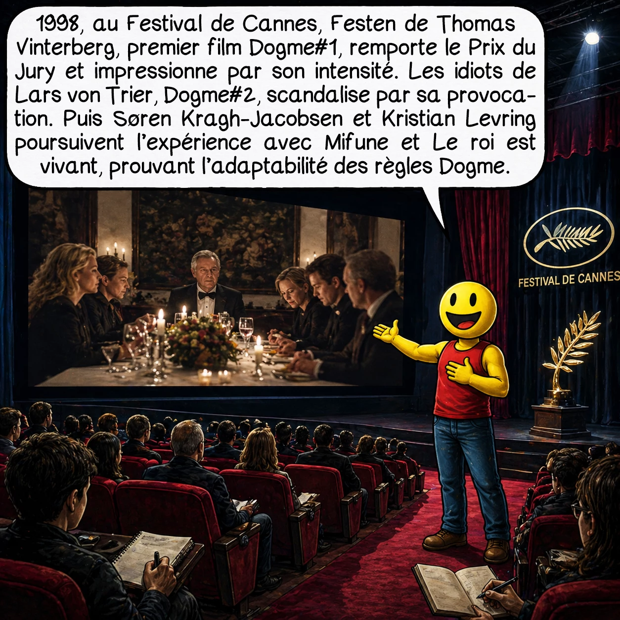 Dogme95, case 5 : 1998, Cannes : « Festen » de Vinterberg, premier film certifié Dogme#1, remporte le Prix du Jury et stupéfie la critique. Cette histoire glaçante de pédophilie familiale, tournée en vidéo puis transférée sur 35 mm, démontre la puissance émotionnelle du dispositif. « Idioterne » de von Trier, Dogme#2, scandalise avec ses scènes d’orgie non simulées et sa provocation sur le handicap mental. Søren Kragh-Jacobsen suit avec « Mifunes sidste sang », Dogme#3. Kristian Levring réalise « The King is Alive » en plein désert africain, prouvant l’adaptabilité des règles.
