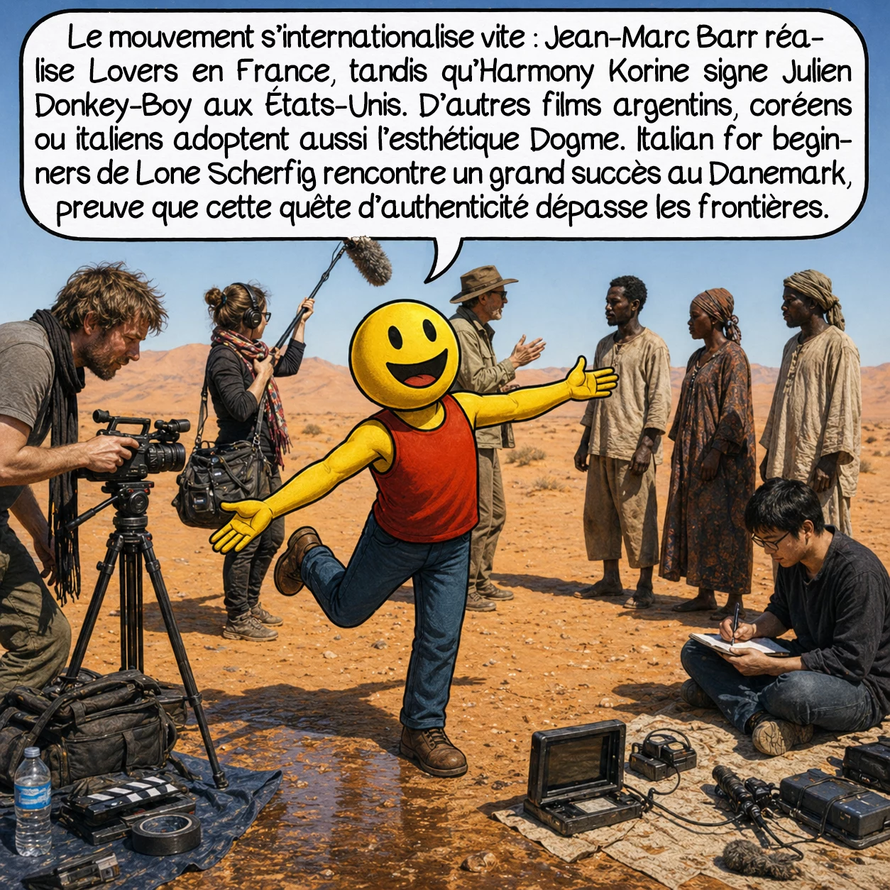 Dogme95, case 6 : Le mouvement s’internationalise rapidement : Jean-Marc Barr, acteur fétiche de von Trier, réalise « Lovers » en France. Harmony Korine crée l’halluciné « Julien Donkey-Boy » aux États-Unis, filmé avec caméras cachées dans les rues New York. Des films argentins, coréens, italiens revendiquent l’étiquette Dogme. « Italiensk for begyndere » de Lone Scherfig devient le plus grand succès commercial danois. Susanne Bier, sans certification officielle, adopte l’esthétique Dogme dans ses mélodrames sociaux. Cette expansion mondiale prouve que le besoin d’authenticité transcende les frontières culturelles.