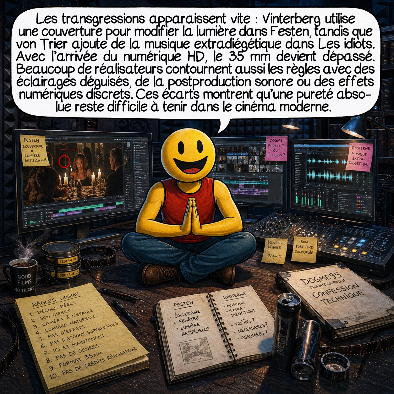 Dogme95, case 7 : Les transgressions émergent rapidement : Vinterberg avoue avoir utilisé une couverture pour masquer une fenêtre dans « Festen », créant de facto un éclairage artificiel. Von Trier ajoute de la musique extradiégétique dans « Idioterne », violant sa propre règle. Le format 35 mm devient obsolète avec l’arrivée du numérique HD. Certains réalisateurs trichent systématiquement : éclairages déguisés en « pratiques », postproduction son camouflée, effets numériques discrets. Ces violations révèlent l’impossibilité d’une pureté absolue face aux réalités techniques et narratives du cinéma moderne.