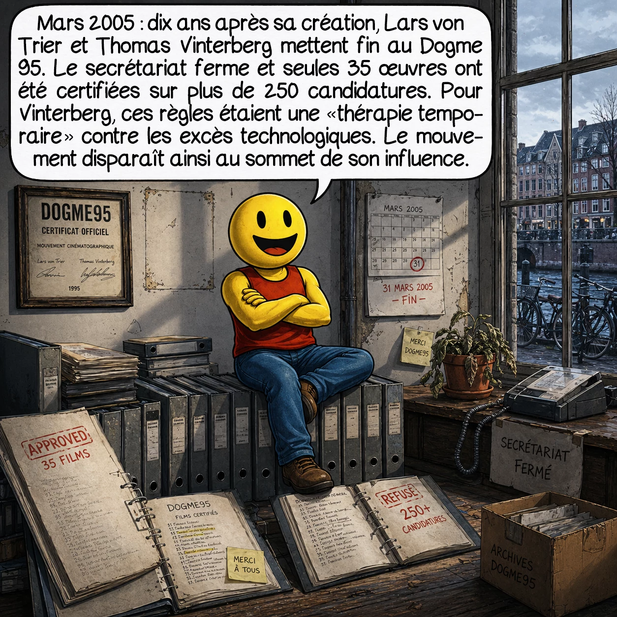 Dogme95, case 8 : Mars 2005 : après exactement dix ans, von Trier et Vinterberg annoncent officiellement la dissolution du Dogme95. « Le mouvement a atteint ses objectifs et peut maintenant mourir dignement », déclarent-ils. Le secrétariat ferme, les certifications cessent. Sur 250+ candidatures, seulement 35 films ont reçu l’estampille officielle. Vinterberg explique que les règles étaient « une thérapie temporaire contre les excès technologiques, jamais une prison permanente ». Cette auto-destruction programmée évite la sclérose dogmatique et préserve l’esprit révolutionnaire initial. Le Dogme95 réussit l’exploit rare : disparaître au sommet de son influence.