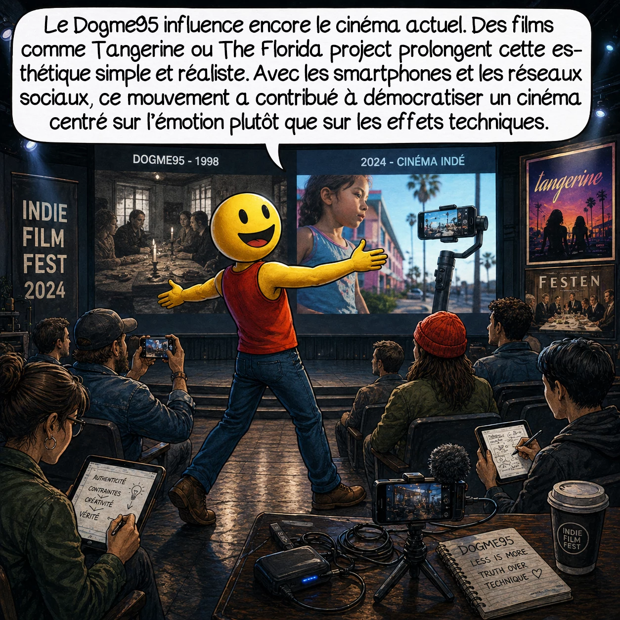Dogme95, case 9 : L’héritage du Dogme95 irrigue le cinéma contemporain de multiples façons. Les frères Dardenne en Belgique, le mouvement Mumblecore américain, le cinéma iranien des Panahi et Farhadi adoptent cette esthétique dépouillée. « Tangerine » tourné entièrement sur iPhone, « The Florida Project » en lumière naturelle, perpétuent l’esprit. Les plateformes streaming privilégient l’authenticité sobre aux blockbusters formatés. Chaque smartphone devient potentiellement un studio Dogme. Les contraintes créatives volontaires inspirent TikTok, YouTube, démocratisant radicalement la création. Le Dogme95 a gagné son pari : transformer la pauvreté technique en richesse émotionnelle.