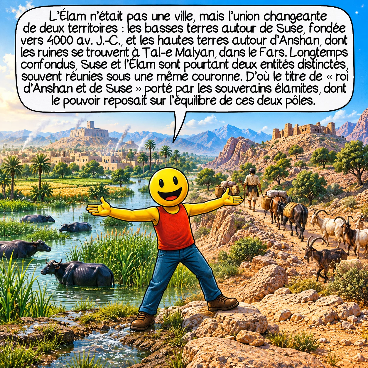 L’Élam, case 2 : L’Élam n’était pas une seule ville, mais l’union changeante de deux mondes : les basses terres autour de Suse, fondée vers 4000 av. J.-C., et les hautes terres autour d’Anshan, dont on a identifié les ruines au site de Tal-e Malyan, dans le Fars. Longtemps, les historiens ont confondu Suse et l’Élam, mais on sait aujourd’hui que ce sont deux entités distinctes, souvent réunies sous une même couronne. C’est pour cela que les souverains élamites prenaient le titre de « roi d’Anshan et de Suse » : leur pouvoir reposait sur l’équilibre entre ces deux pôles.