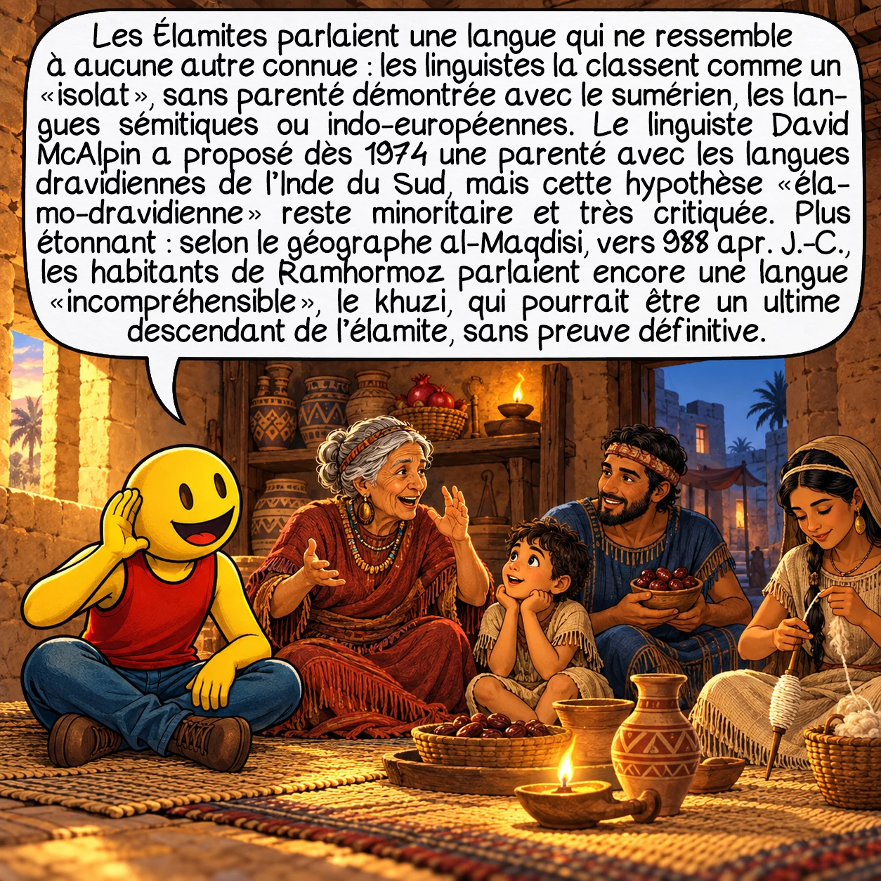 L’Élam, case 3 : Les Élamites parlaient une langue qui ne ressemble à aucune autre connue : les linguistes la classent comme un « isolat », sans parenté démontrée avec le sumérien, les langues sémitiques ou indo-européennes. Le linguiste David McAlpin a proposé dès 1974 une parenté avec les langues dravidiennes de l’Inde du Sud, mais cette hypothèse « élamo-dravidienne » reste minoritaire et très critiquée. Plus étonnant : selon le géographe al-Maqdisi, vers 988 apr. J.-C., les habitants de Ramhormoz parlaient encore une langue « incompréhensible », le khuzi, qui pourrait être un ultime descendant de l’élamite, sans preuve définitive.