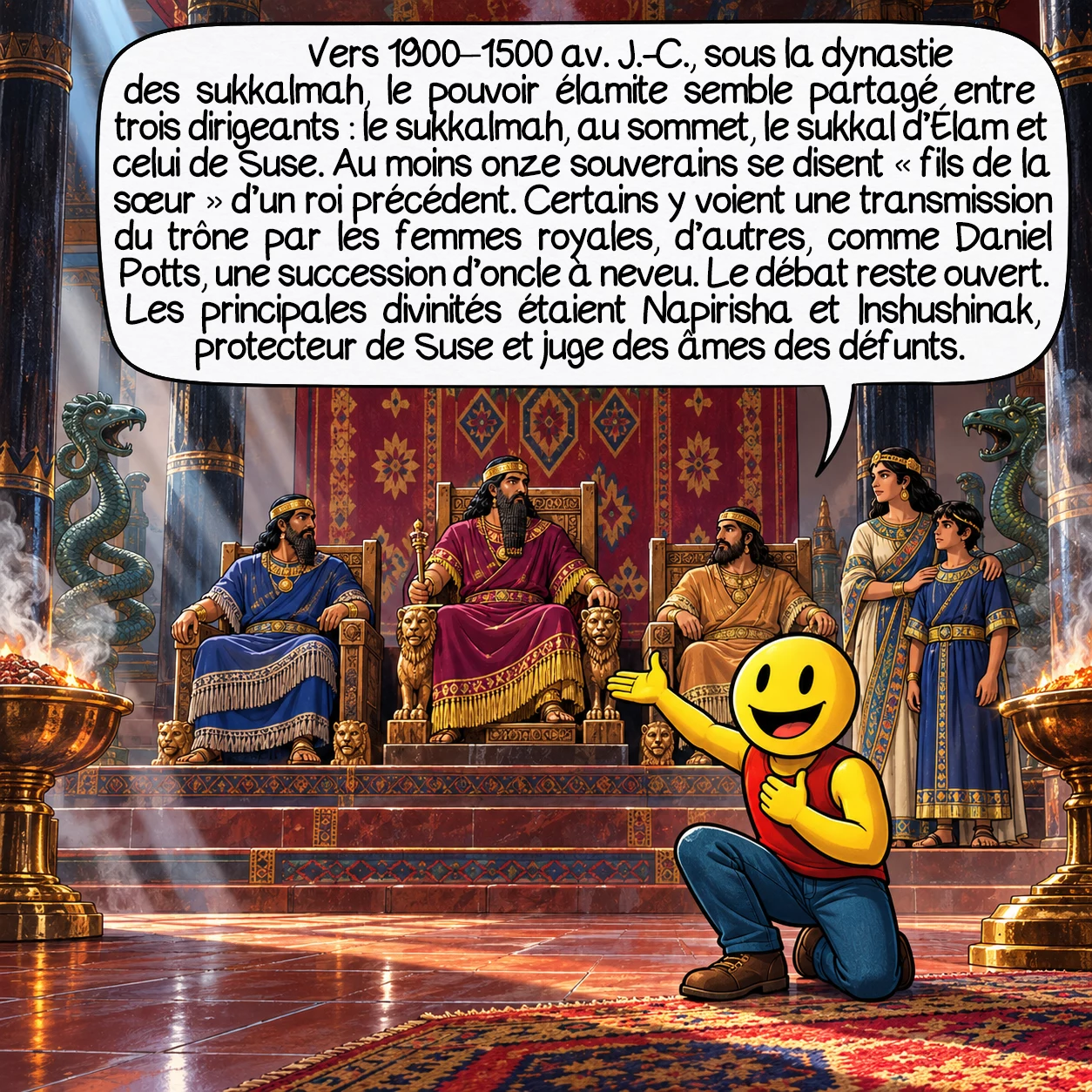 L’Élam, case 4 : Le pouvoir élamite avait ses particularités. Vers 1900–1500 av. J.-C., sous la dynastie dite des sukkalmah, l’autorité semble partagée entre trois dirigeants : le sukkalmah, le plus haut placé, le sukkal d’Élam et le sukkal de Suse. Au moins onze souverains se disent « fils de la sœur » d’un roi précédent. Certains y voient une transmission du trône par les femmes royales, d’autres, comme l’historien Daniel Potts, une succession d’oncle à neveu : le débat reste ouvert. Côté religion, les dieux majeurs étaient Napirisha et Inshushinak, protecteur de Suse et juge des âmes des défunts.