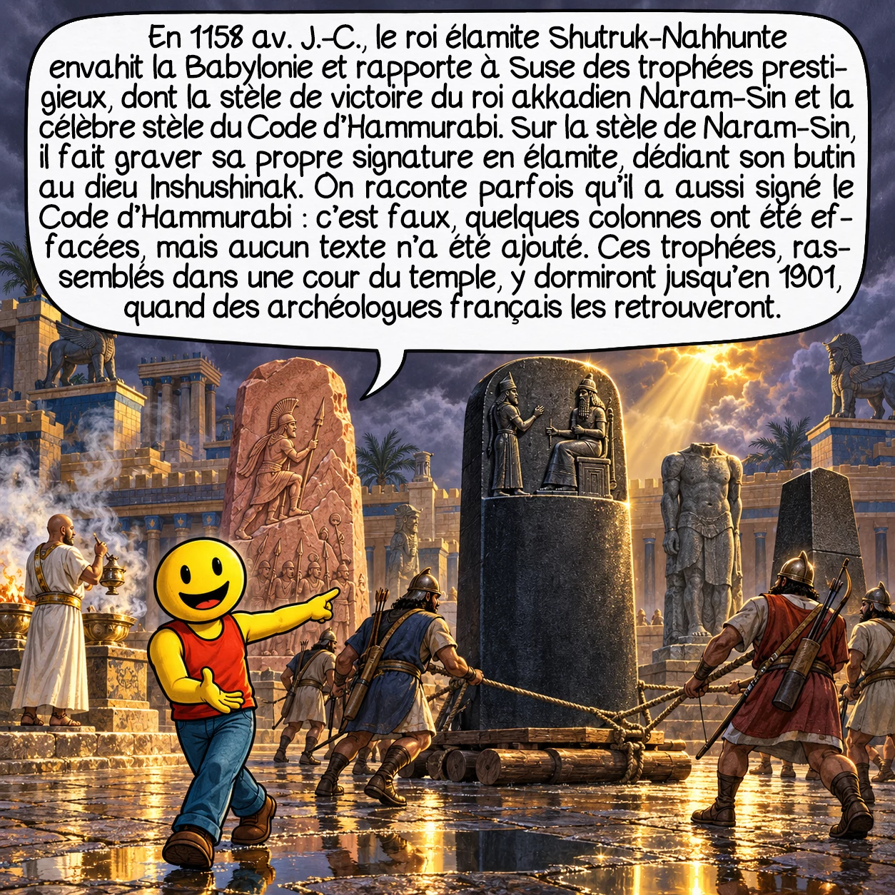 L’Élam, case 6 : En 1158 av. J.-C., le roi élamite Shutruk-Nahhunte envahit la Babylonie et rapporte à Suse des trophées prestigieux, dont la stèle de victoire du roi akkadien Naram-Sin et la célèbre stèle du Code d’Hammurabi. Sur la stèle de Naram-Sin, il fait graver sa propre signature en élamite, dédiant son butin au dieu Inshushinak. On raconte parfois qu’il a aussi signé le Code d’Hammurabi : c’est faux, quelques colonnes ont été effacées, mais aucun texte n’a été ajouté. Ces trophées, rassemblés dans une cour du temple, y dormiront jusqu’en 1901, quand des archéologues français les retrouveront.