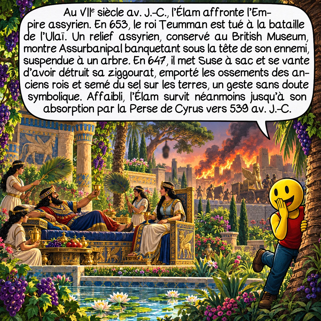 L’Élam, case 7 : Au VIIe siècle av. J.-C., l’Élam affronte l’Empire assyrien. En 653, le roi élamite Teumman est tué à la bataille de l’Ulaï, et un relief assyrien, aujourd’hui au British Museum, montre le roi Assurbanipal banquetant dans son jardin sous la tête de son ennemi, accrochée à un arbre. Puis, en 647 av. J.-C., Assurbanipal met Suse à sac : il se vante d’avoir détruit la ziggourat, emporté les ossements des anciens rois et semé du sel sur les terres, une formule de vengeance sans doute plus symbolique que réelle. L’Élam survit pourtant, affaibli, avant d’être absorbé par la Perse de Cyrus vers 539 av. J.-C.