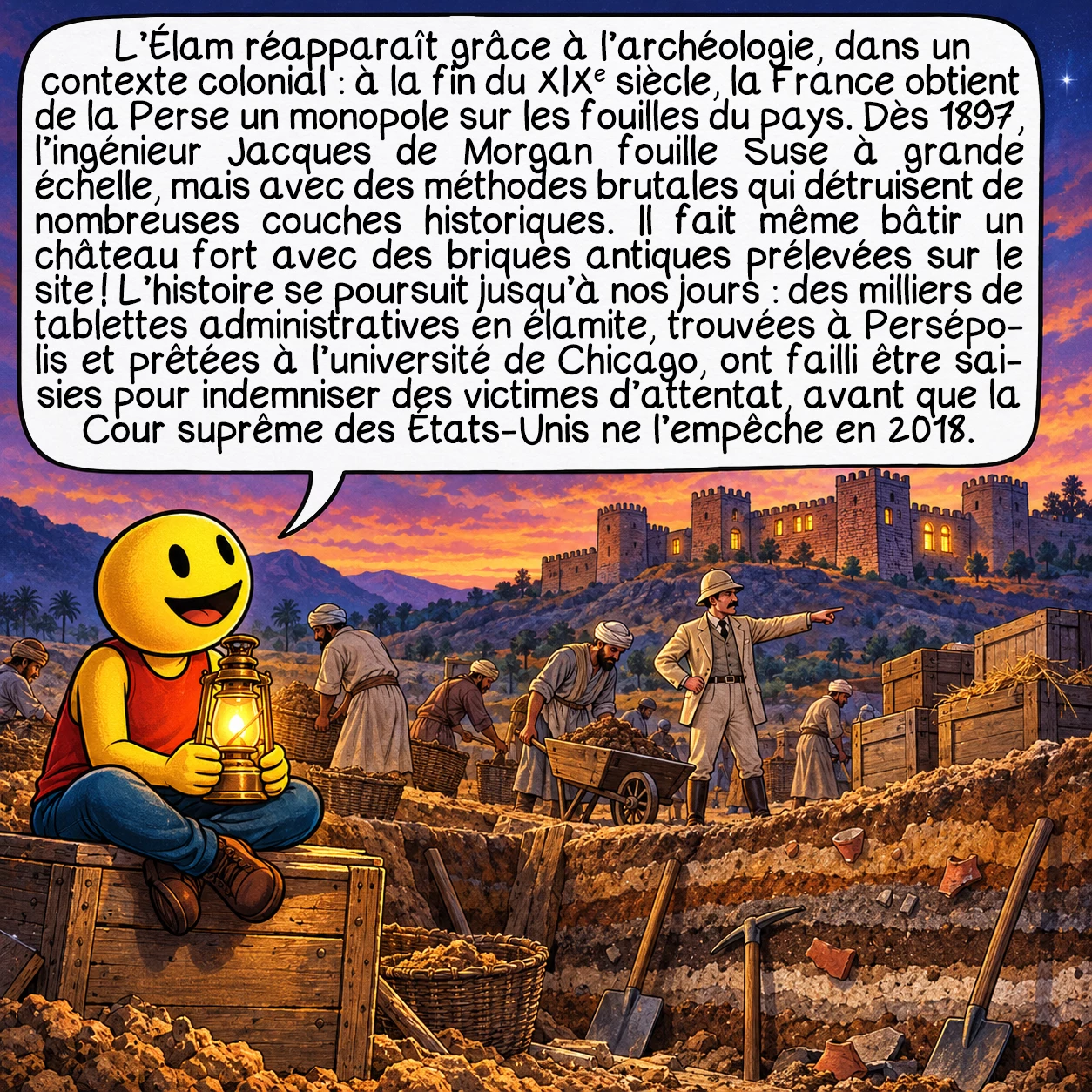 L’Élam, case 8 : L’Élam réapparaît grâce à l’archéologie, dans un contexte colonial : à la fin du XIXe siècle, la France obtient de la Perse un monopole sur les fouilles du pays. Dès 1897, l’ingénieur Jacques de Morgan fouille Suse à grande échelle, mais avec des méthodes brutales qui détruisent de nombreuses couches historiques. Il fait même bâtir un château fort avec des briques antiques prélevées sur le site ! L’histoire se poursuit jusqu’à nos jours : des milliers de tablettes administratives en élamite, trouvées à Persépolis et prêtées à l’université de Chicago, ont failli être saisies pour indemniser des victimes d’attentat, avant que la Cour suprême des États-Unis ne l’empêche en 2018.