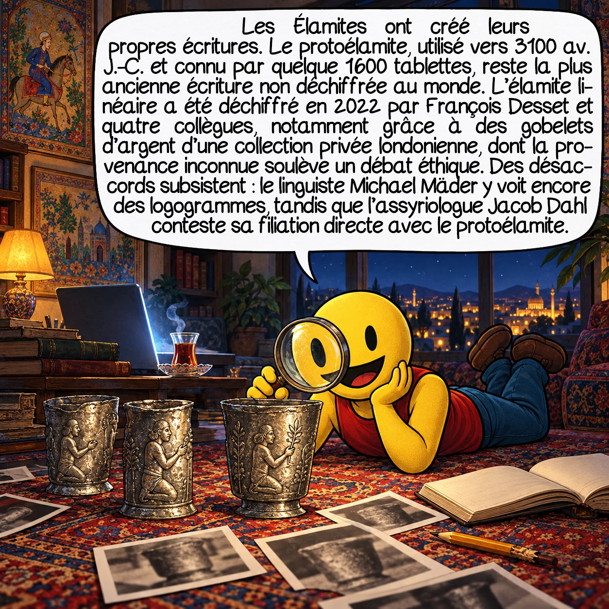 L’Élam, case 9 : Les Élamites ont inventé leurs propres écritures. Le protoélamite, utilisé vers 3100 av. J.-C. et connu par environ 1 600 tablettes, reste la plus ancienne écriture non déchiffrée au monde. L’élamite linéaire, lui, a été déchiffré en 2022 par François Desset et quatre collègues, grâce notamment à des gobelets d’argent inscrits conservés dans une collection privée londonienne, ce qui soulève un débat éthique, car leur provenance d’origine reste inconnue. D’autres points restent discutés : le linguiste Michael Mäder pense que cette écriture contient encore des logogrammes, et l’assyriologue Jacob Dahl rejette l’idée d’une filiation directe avec le protoélamite.