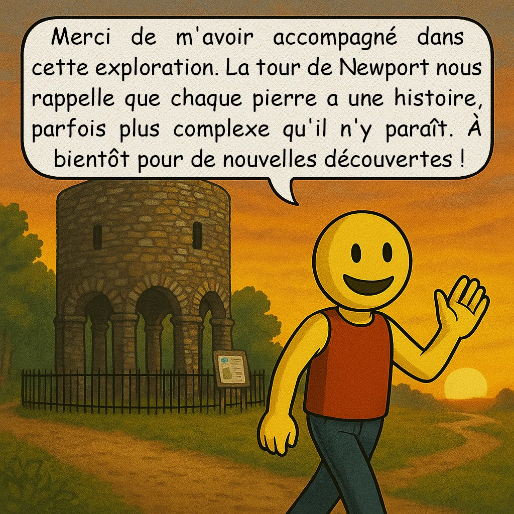 La tour de Newport, case 10 : Merci de m'avoir accompagné dans cette exploration. La tour de Newport nous rappelle que chaque pierre a une histoire, parfois plus complexe qu'il n'y paraît. À bientôt pour de nouvelles découvertes !