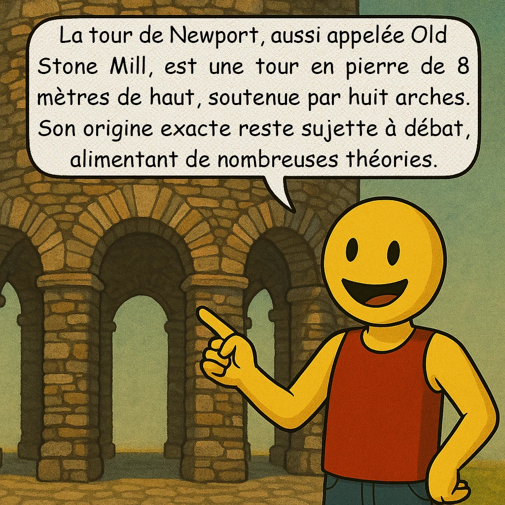 La tour de Newport, case 2 : La tour de Newport, aussi appelée Old Stone Mill, est une tour en pierre de 8 mètres de haut, soutenue par huit arches. Son origine exacte reste sujette à débat, alimentant de nombreuses théories.