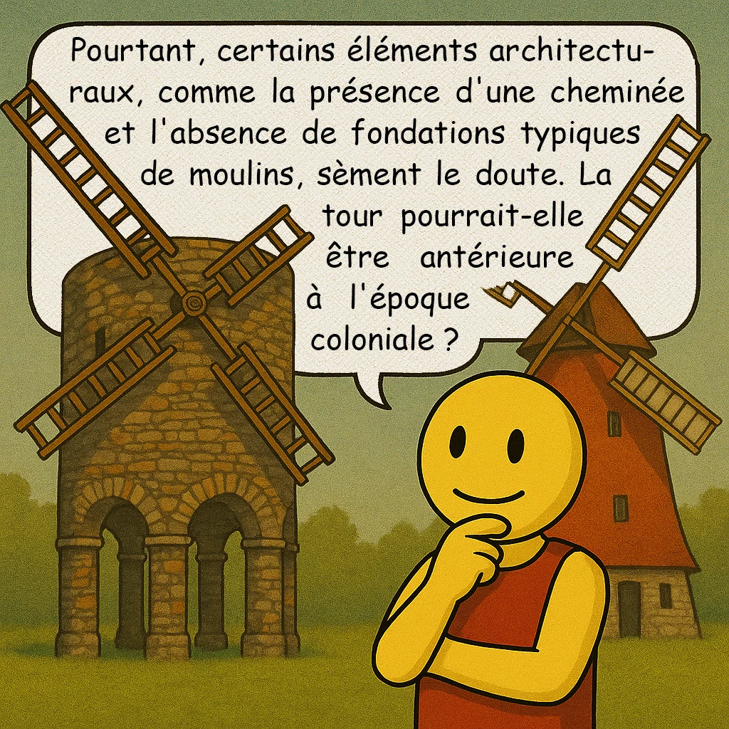 La tour de Newport, case 4 : Pourtant, certains éléments architecturaux, comme la présence d'une cheminée et l'absence de fondations typiques de moulins, sèment le doute. La tour pourrait-elle être antérieure à l'époque coloniale ?