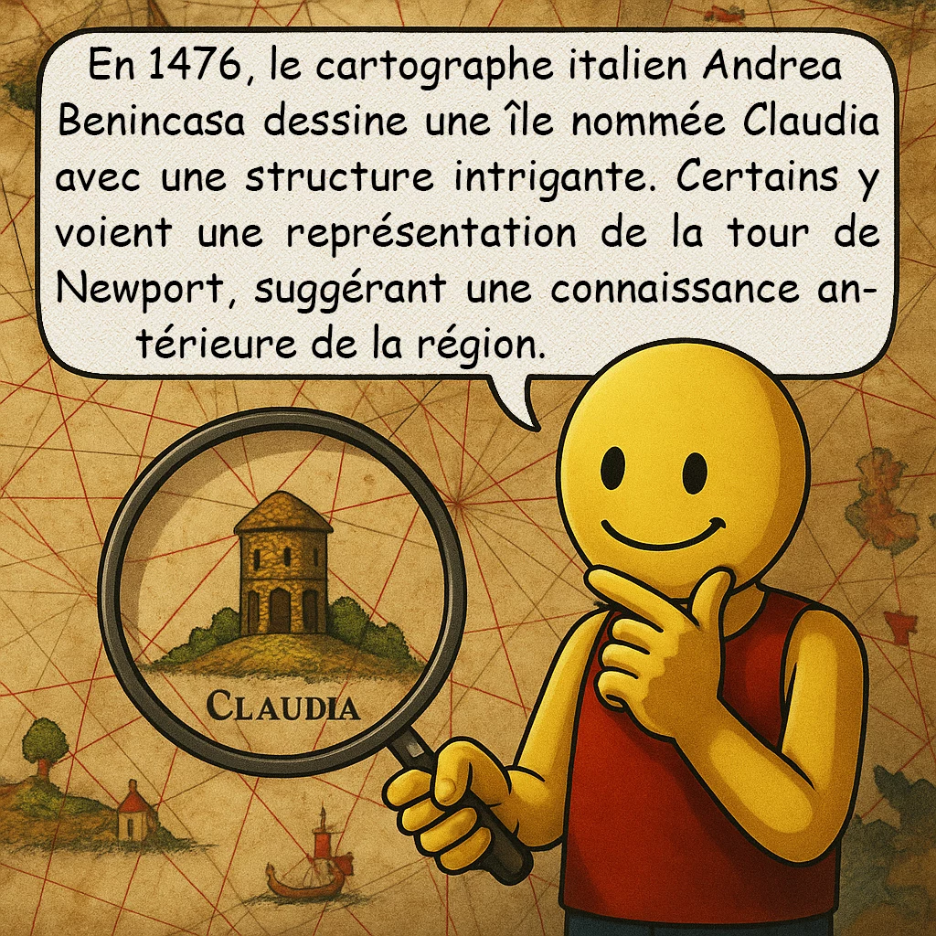 La tour de Newport, case 5 : En 1476, le cartographe italien Andrea Benincasa dessine une île nommée Claudia avec une structure intrigante. Certains y voient une représentation de la tour de Newport, suggérant une connaissance antérieure de la région.