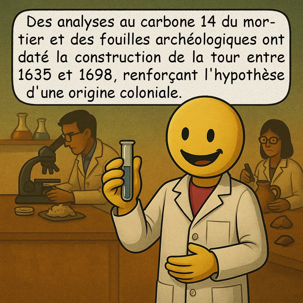 La tour de Newport, case 7 : Des analyses au carbone 14 du mortier et des fouilles archéologiques ont daté la construction de la tour entre 1635 et 1698, renforçant l'hypothèse d'une origine coloniale.