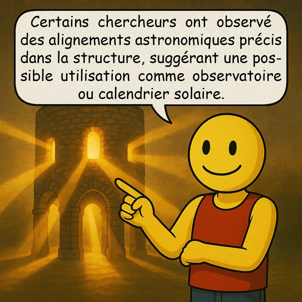 La tour de Newport, case 8 : Certains chercheurs ont observé des alignements astronomiques précis dans la structure, suggérant une possible utilisation comme observatoire ou calendrier solaire.