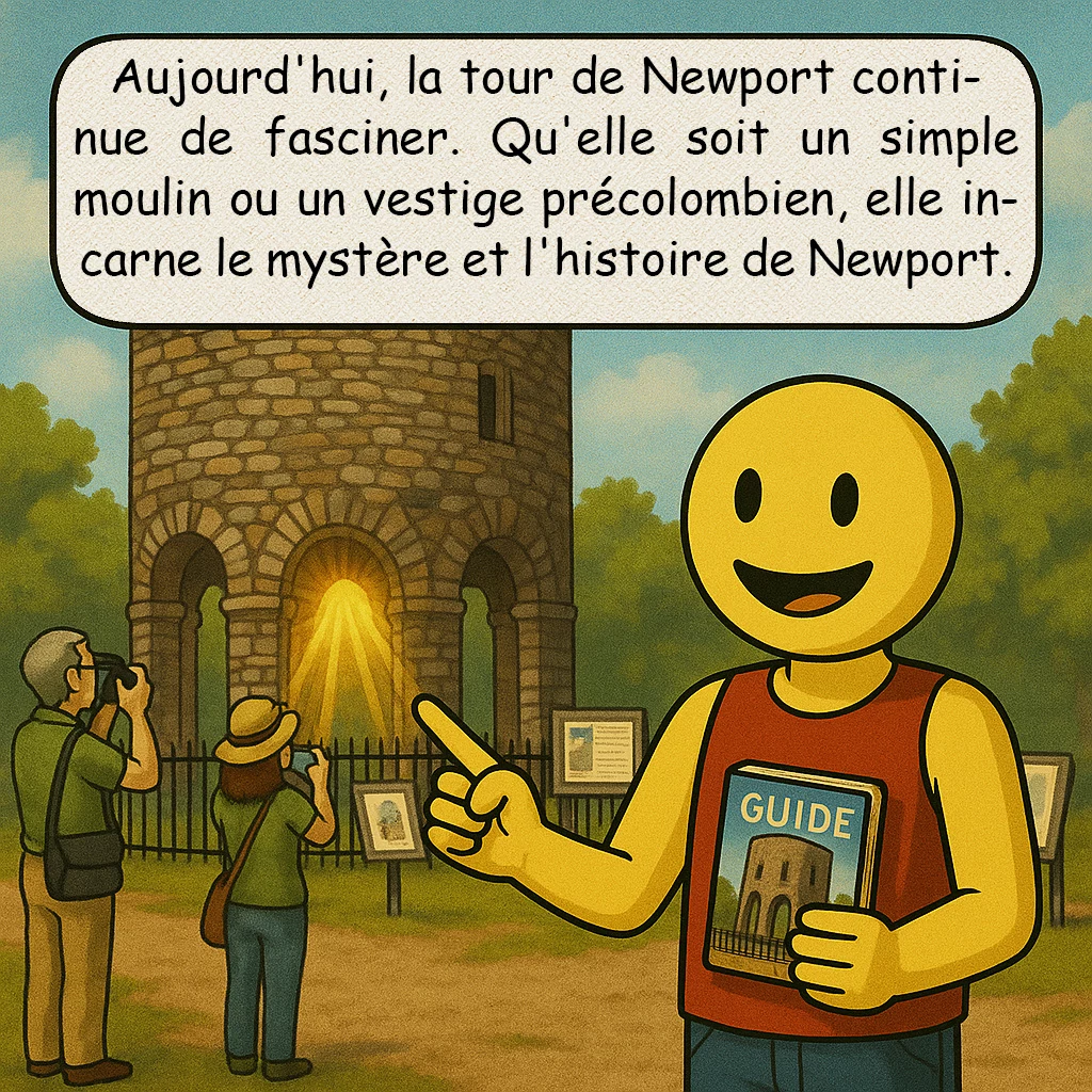 La tour de Newport, case 9 : Aujourd'hui, la tour de Newport continue de fasciner. Qu'elle soit un simple moulin ou un vestige précolombien, elle incarne le mystère et l'histoire de Newport.
