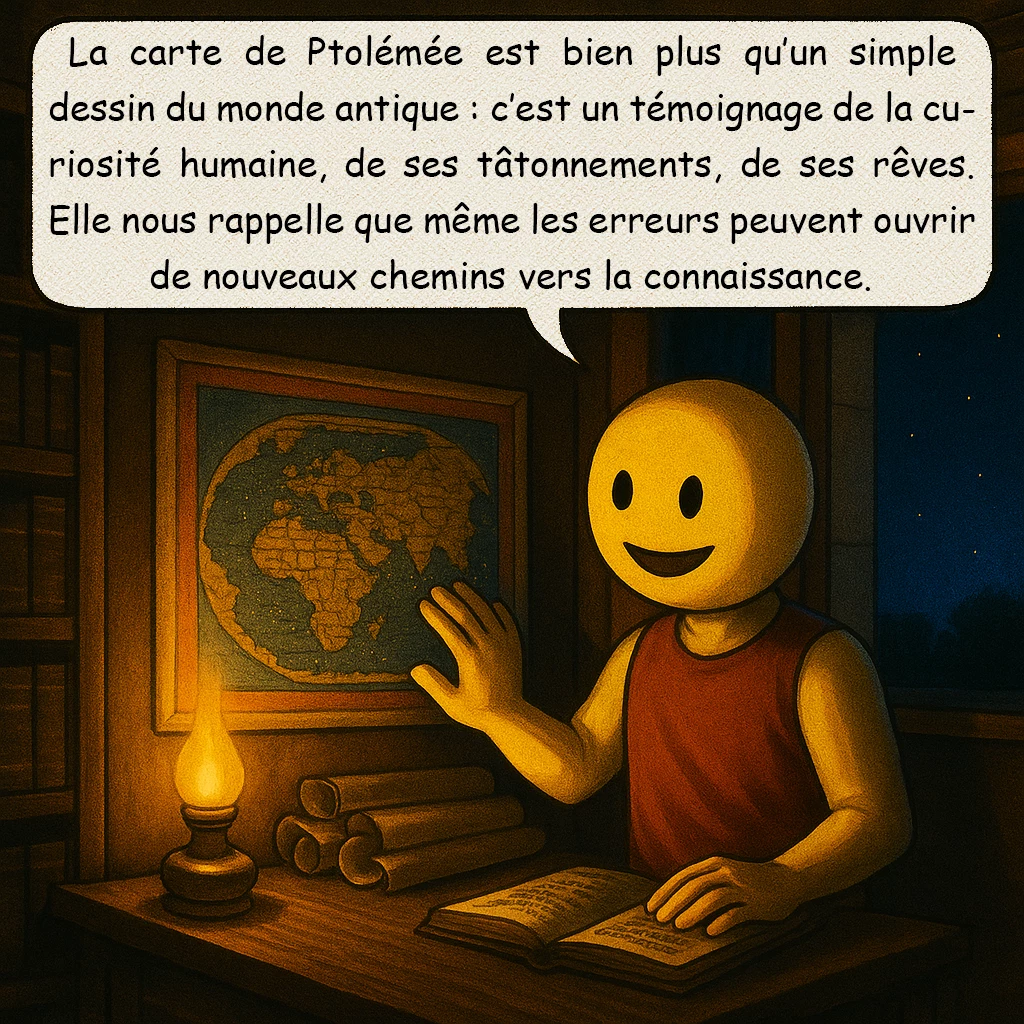 La carte de Ptolémée, case 10 : La carte de Ptolémée est bien plus qu’un simple dessin du monde antique : c’est un témoignage de la curiosité humaine, de ses tâtonnements, de ses rêves. Elle nous rappelle que même les erreurs peuvent ouvrir de nouveaux chemins vers la connaissance.